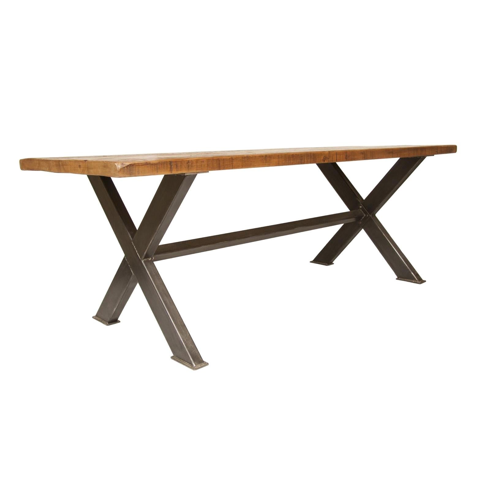 Industrial Steel X-Frame Table with Reclaimed Joist Top For Sale