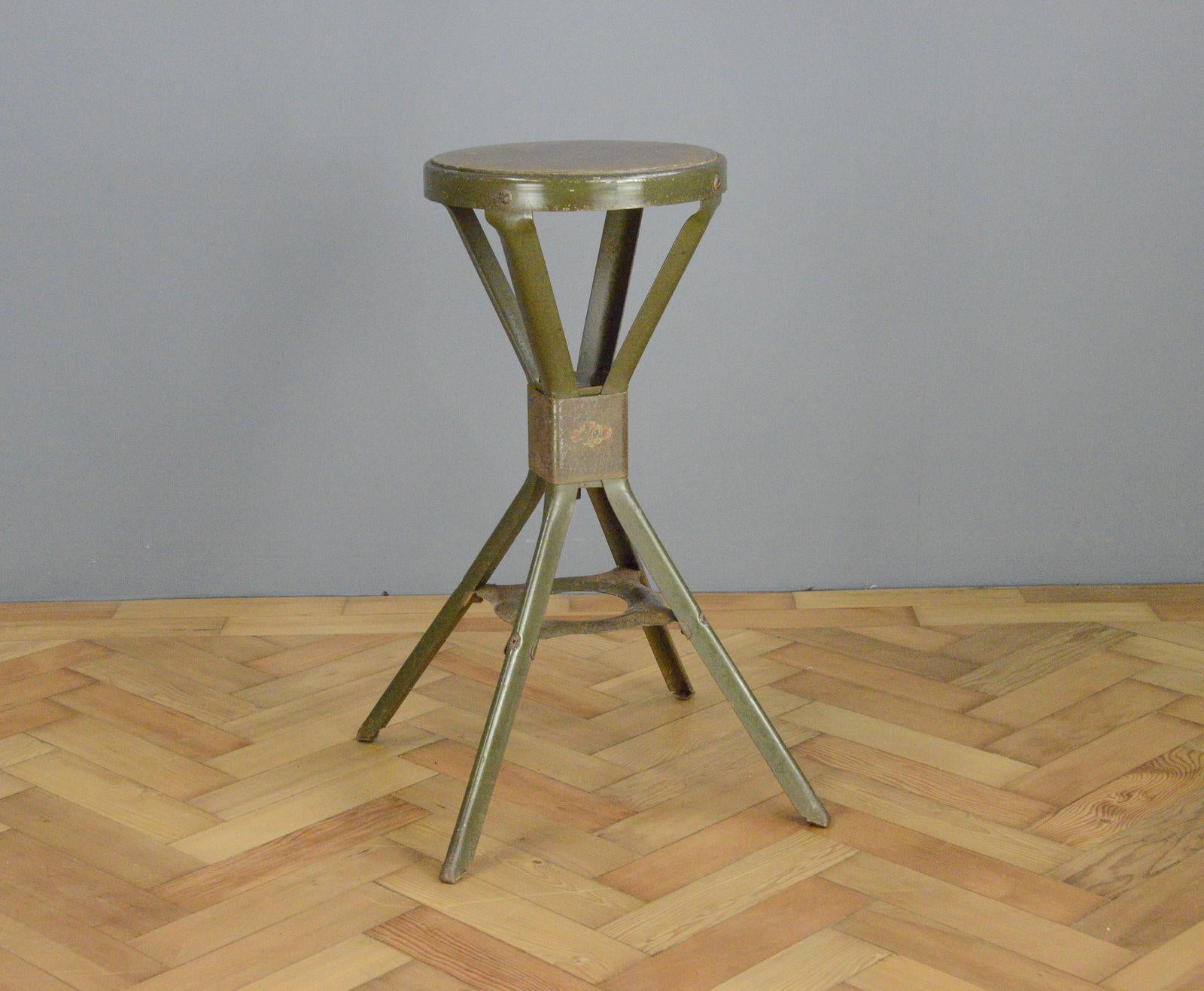 Industrial Stool By Evertaut circa 1940s

- Steel frame
- Original Ply seat
- Original green paint
- Made by Evertaut, Birmingham
- English ~ 1940s
- 40cm wide x 40cm deep x 68cm tall

Condition Report

The chair has been kept in its