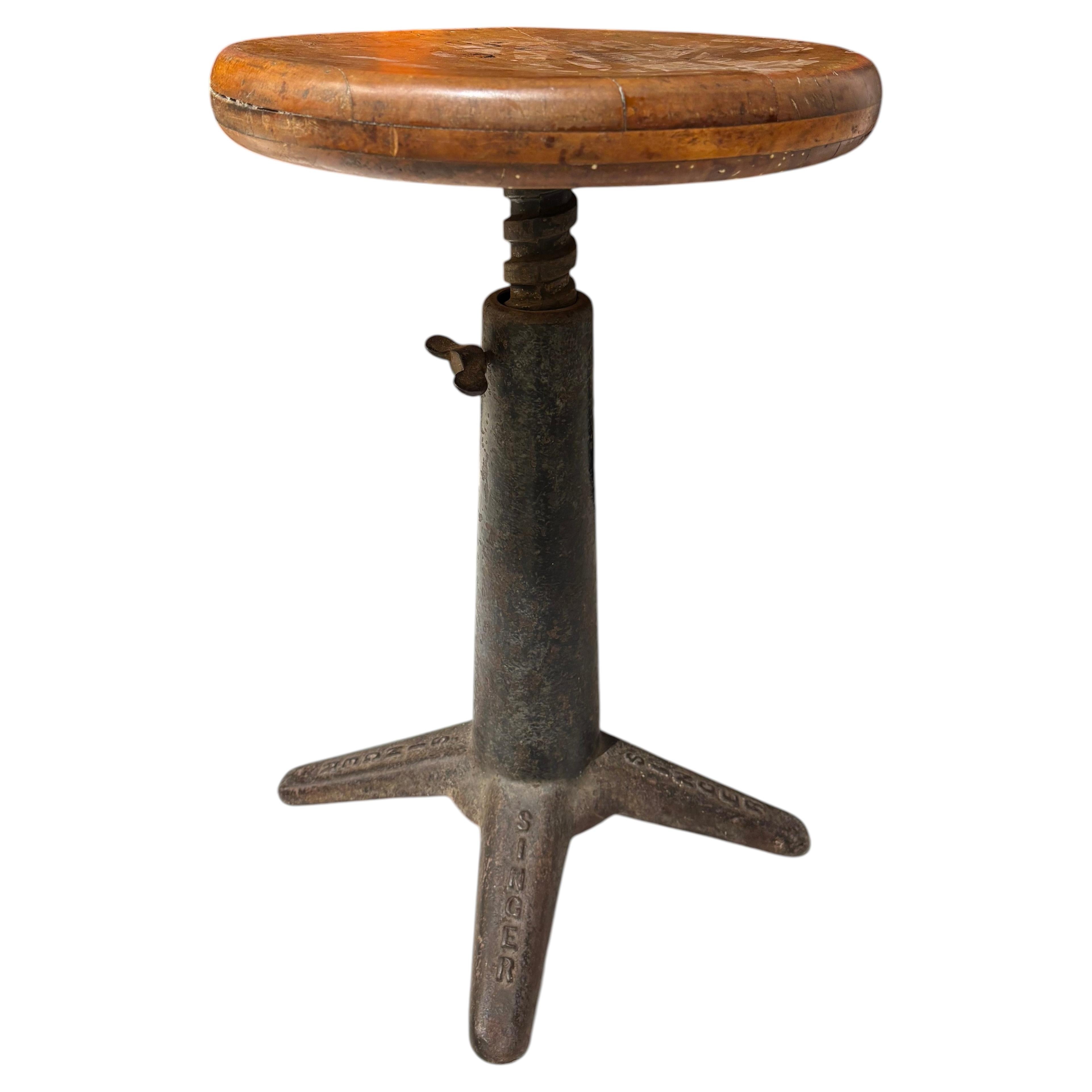 Industrial Stool by Singer, Cast Iron and Beech, c. 1920s