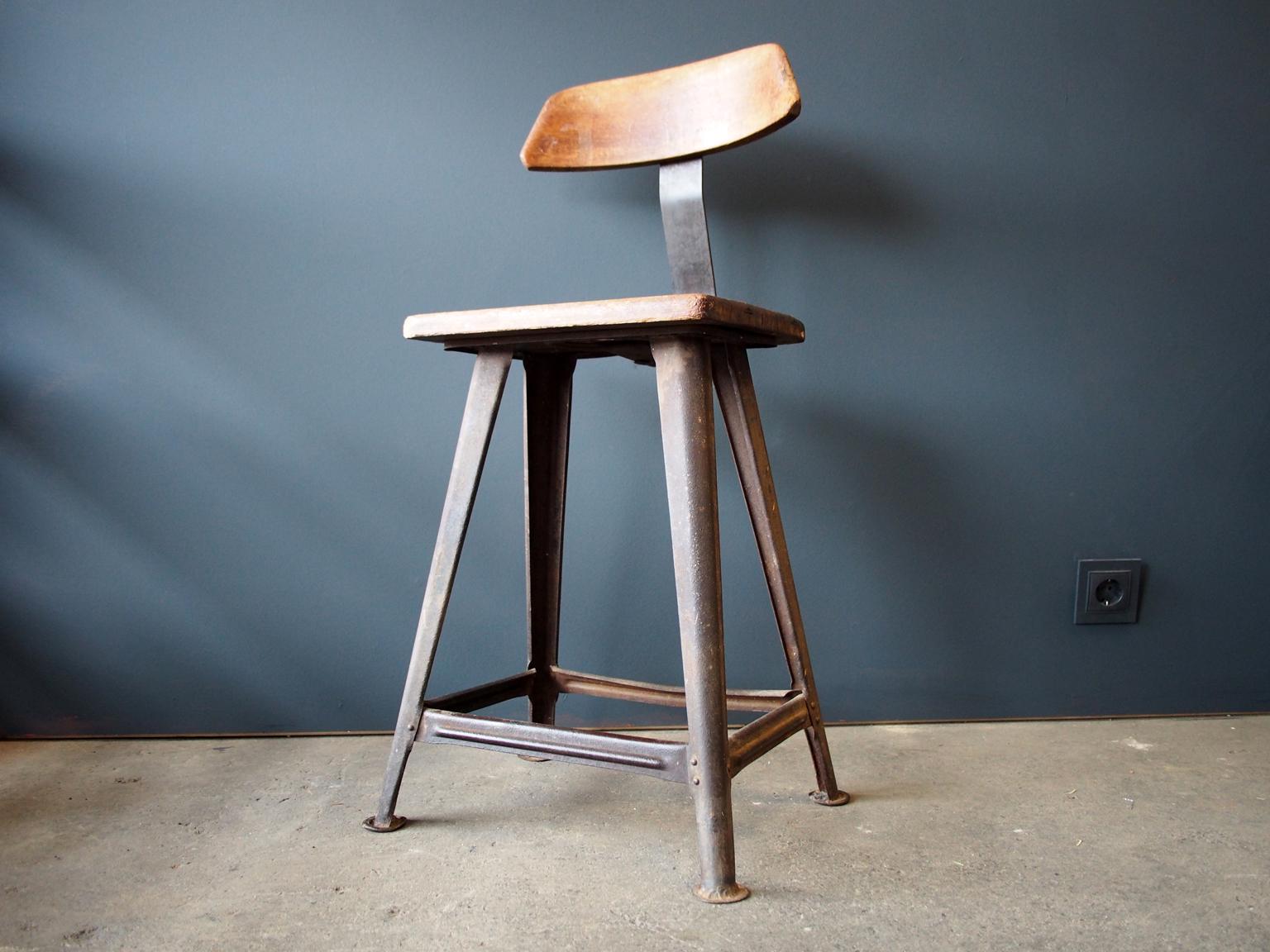 German Industrial Stool or Chair by Rowac with Backrest, circa 1930