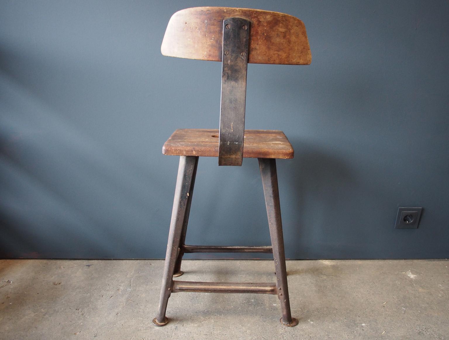 20th Century Industrial Stool or Chair by Rowac with Backrest, circa 1930