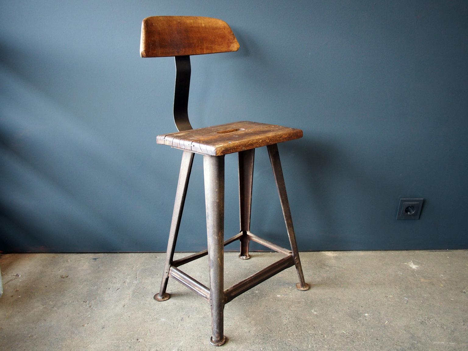 Metal Industrial Stool or Chair by Rowac with Backrest, circa 1930