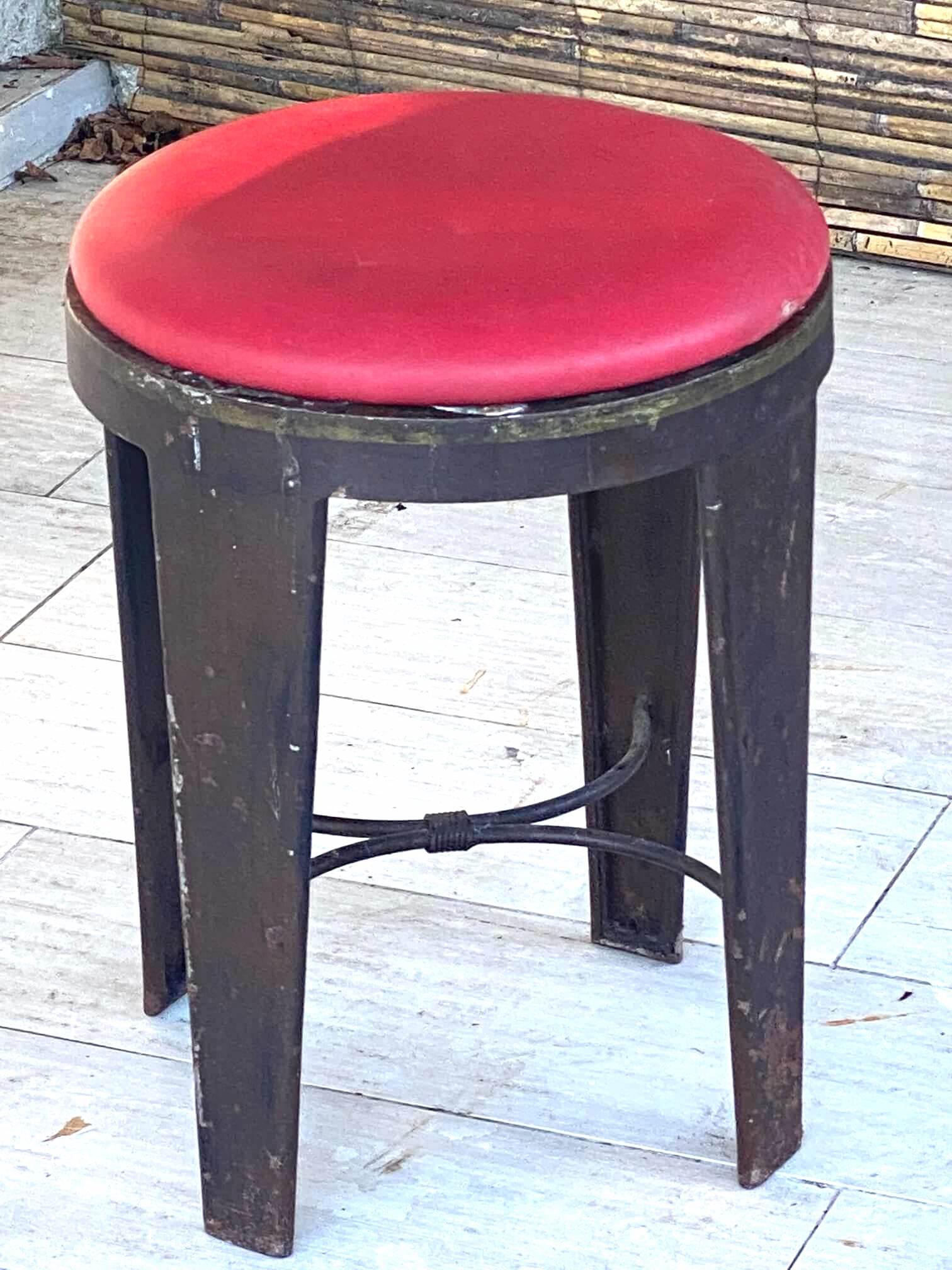 Mid-Century Modern Industrial Stool, in Iron, with Red Faux Leather, Loft Style, France, 1950s