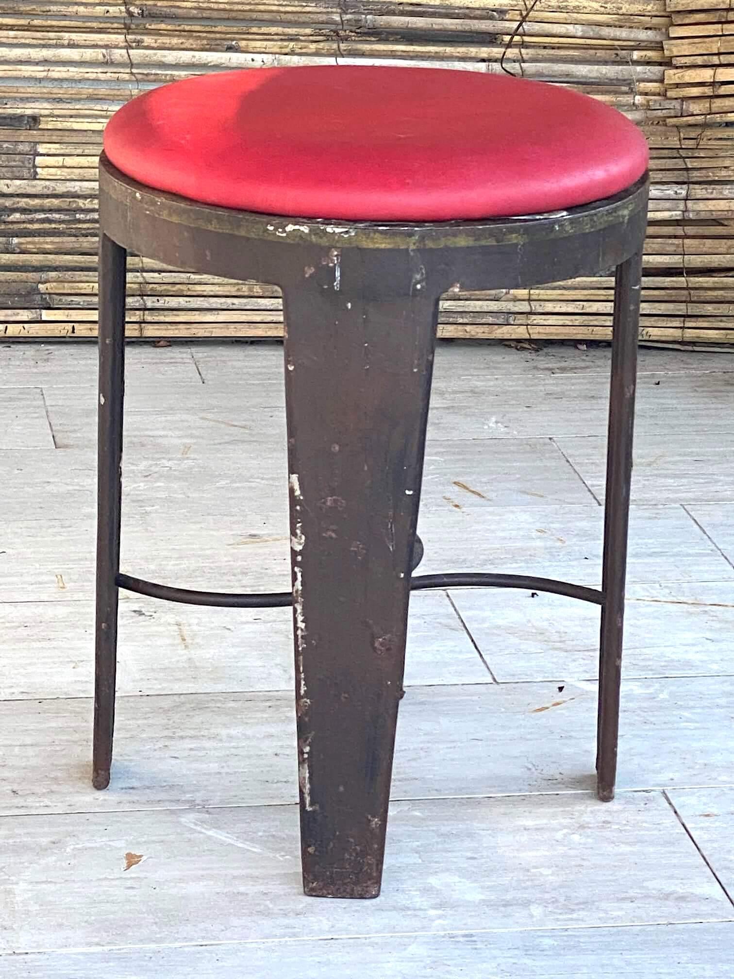 French Industrial Stool, in Iron, with Red Faux Leather, Loft Style, France, 1950s