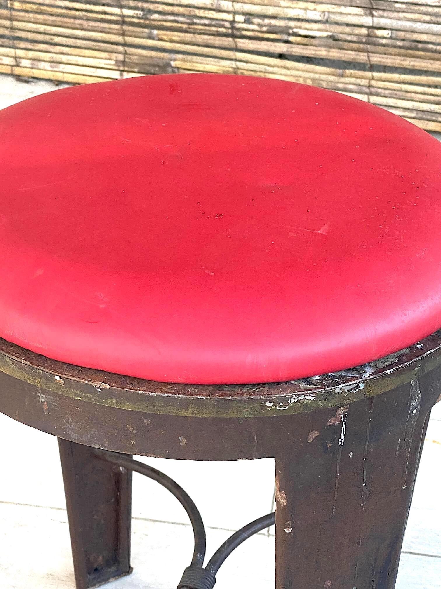 Industrial Stool, in Iron, with Red Faux Leather, Loft Style, France, 1950s 2