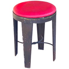 Industrial Stool, in Iron, with Red Faux Leather, Loft Style, France, 1950s