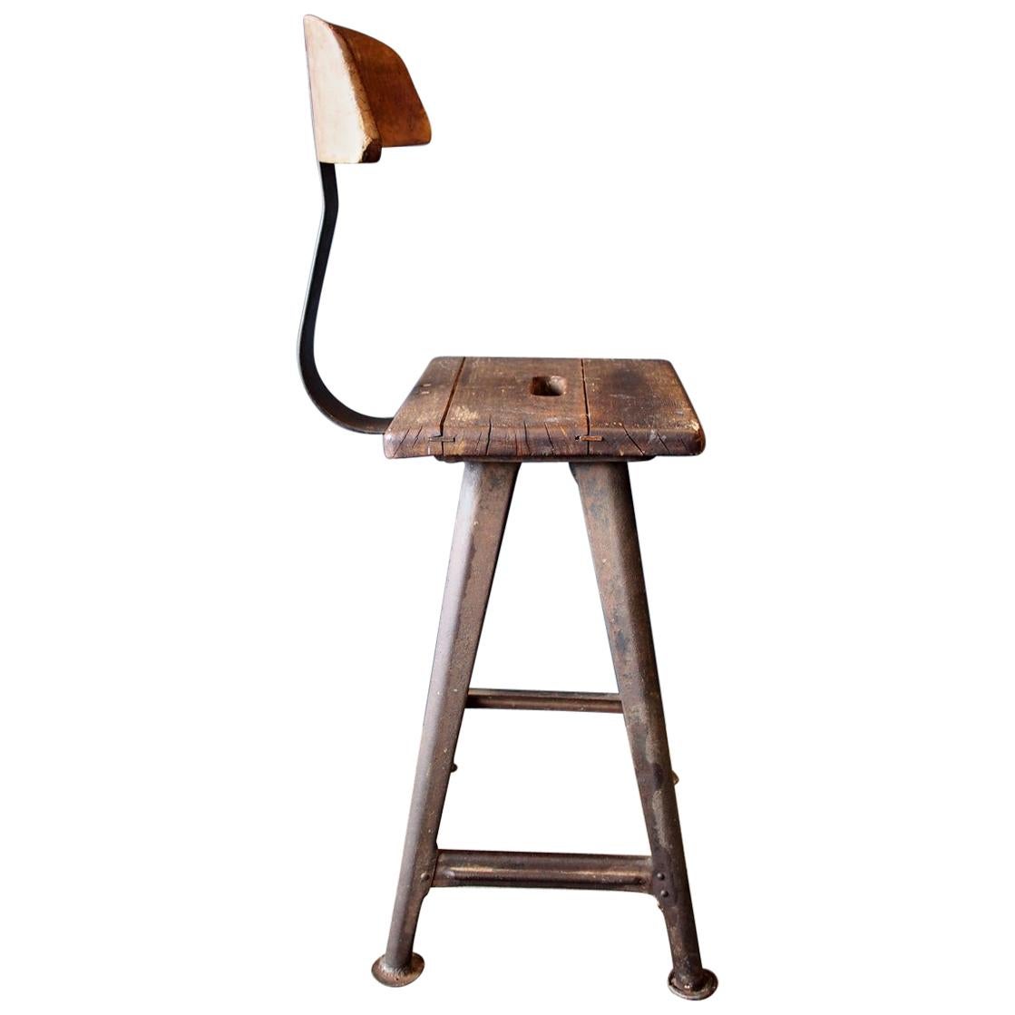 Industrial Stool or Chair by Rowac with Backrest, circa 1930