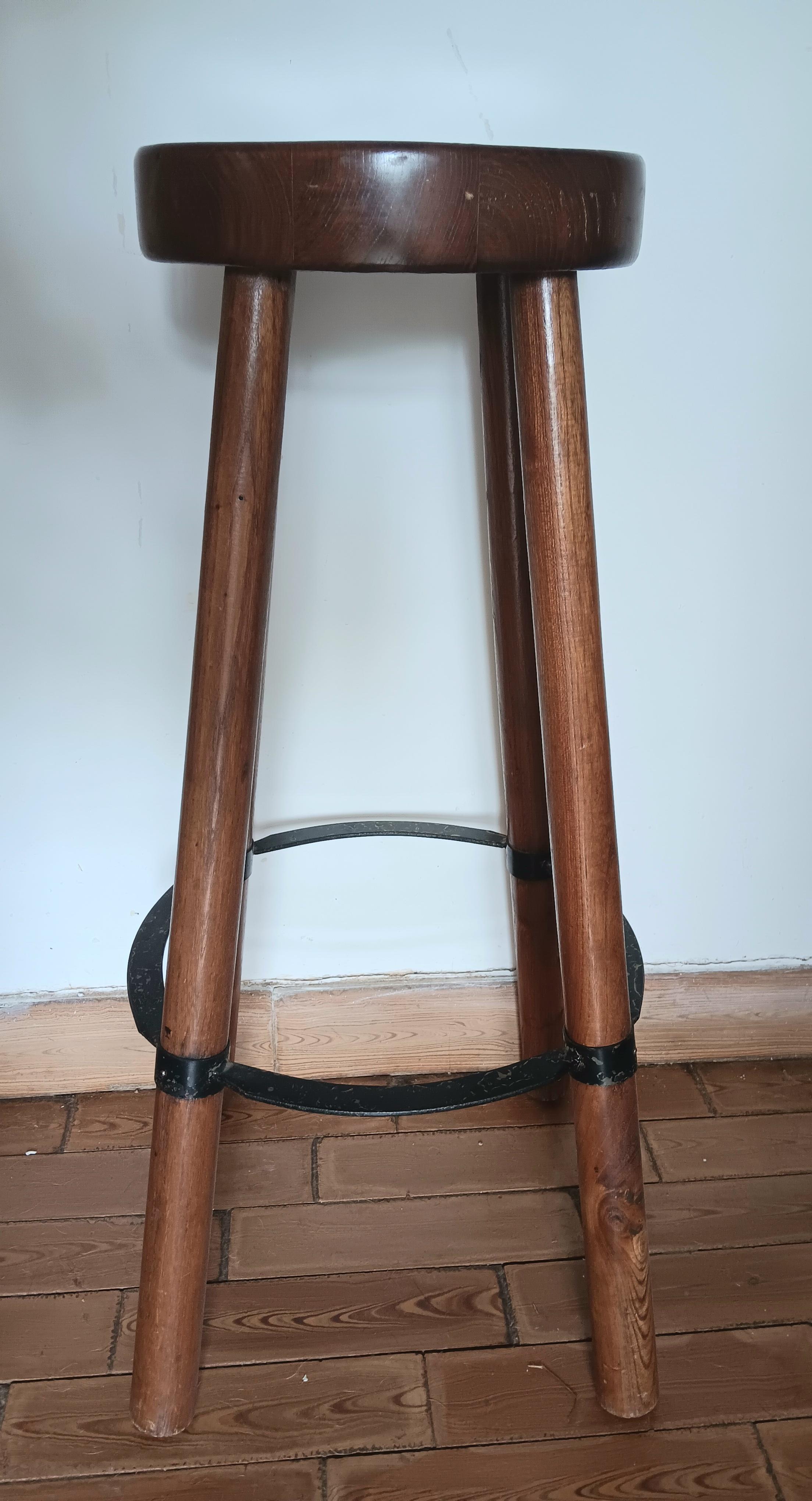 Wrought Iron Bar Stools Industrial Style  Wood and Iron  Mid-Century Spain For Sale