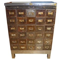 Used Industrial Storage Cabinet of Steel with 30 Steel File Drawers with Brass Pulls