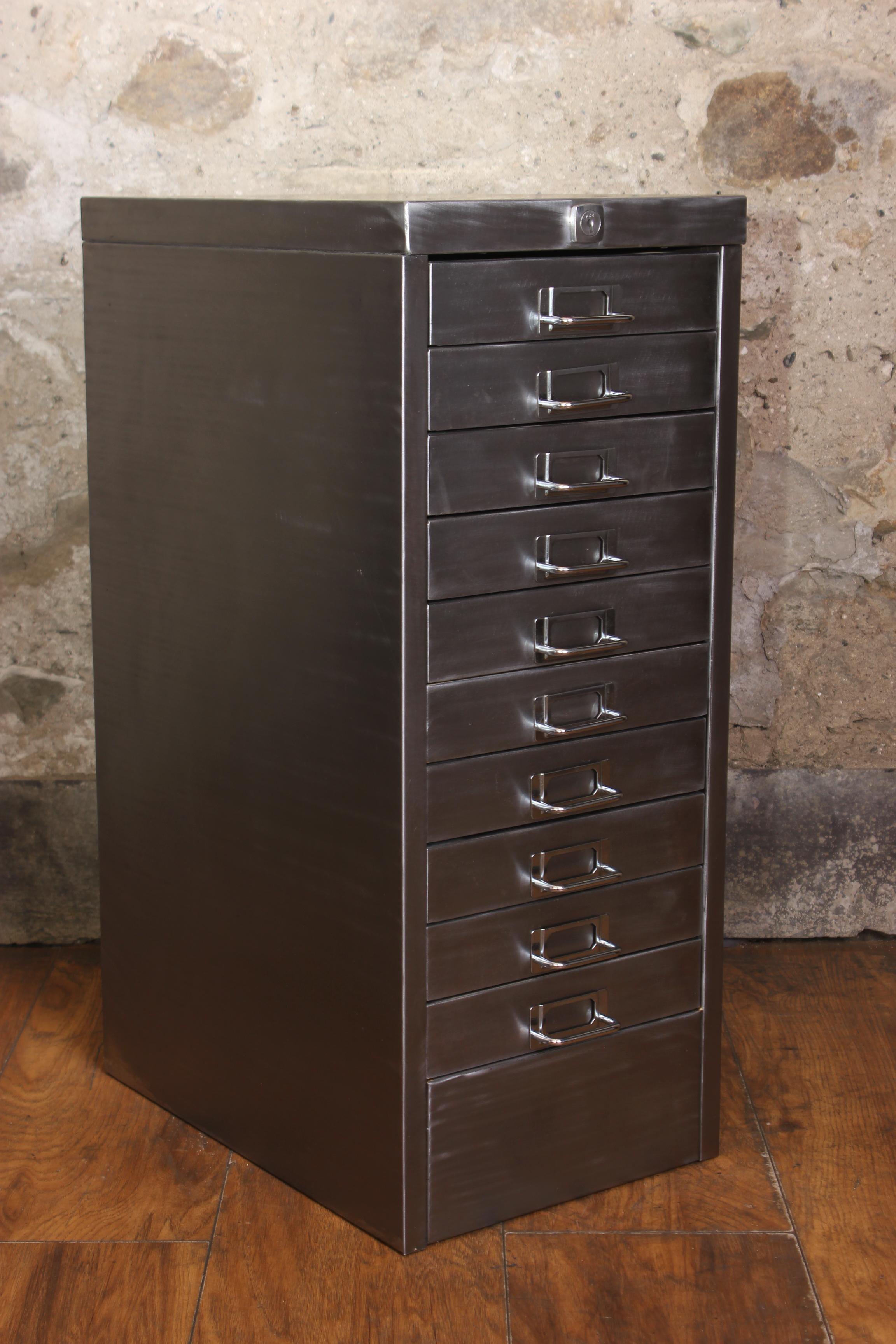 British Industrial Stripped Metal 10-Drawer Filing Cabinet A4 Letter Size For Sale