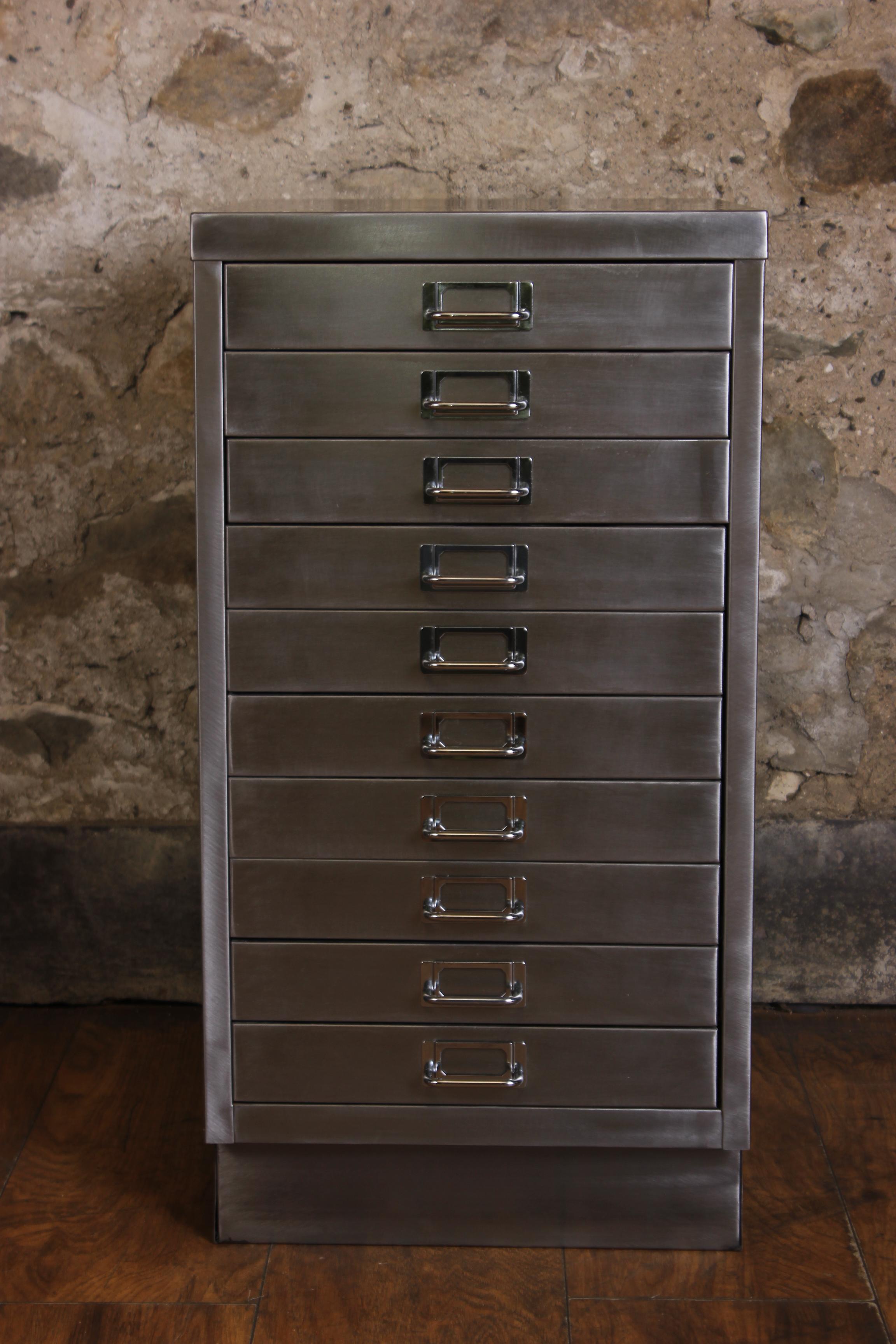 British Industrial Stripped Metal 10-Drawer Filing Cabinet