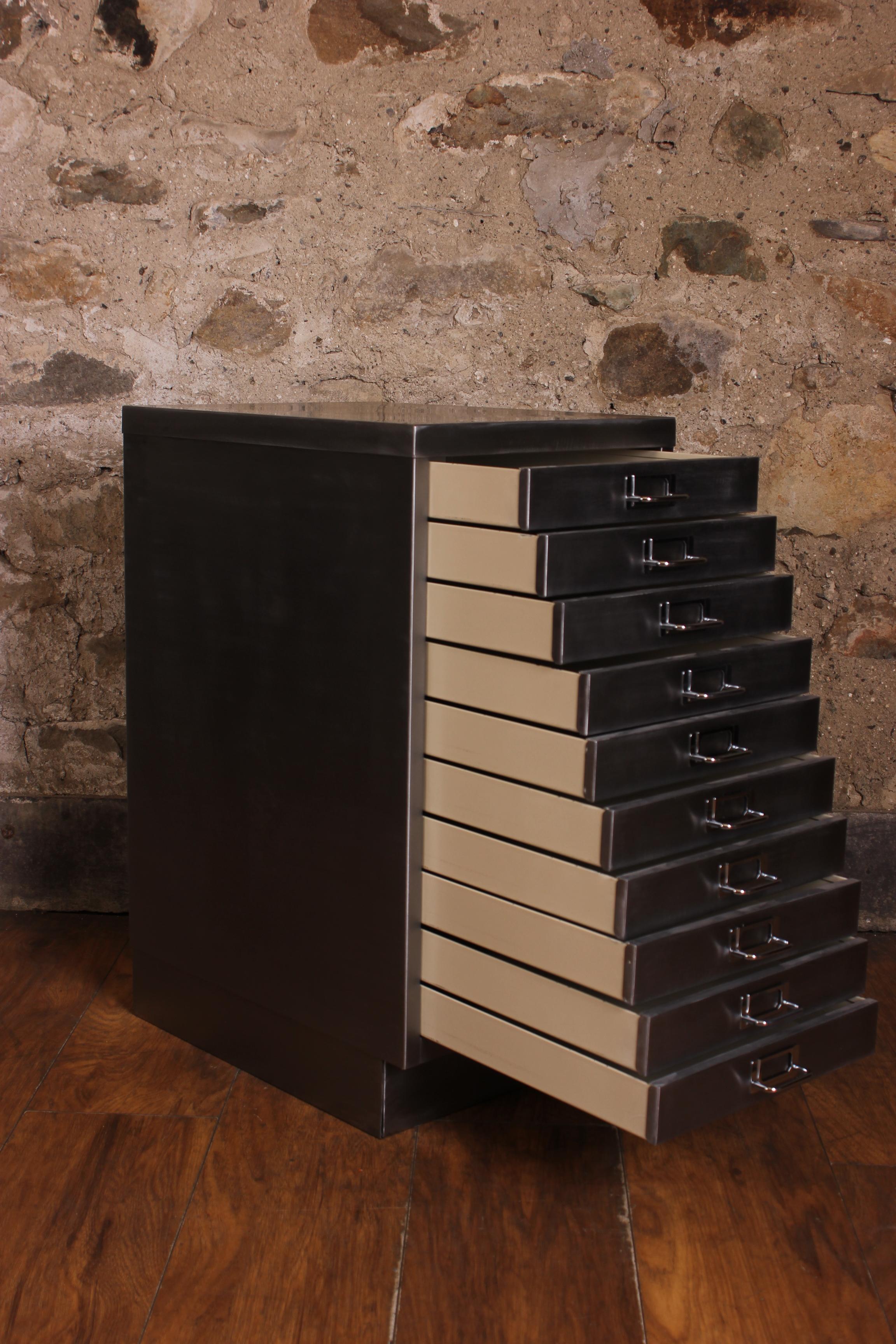 Machine-Made Industrial Stripped Metal 10-Drawer Filing Cabinet