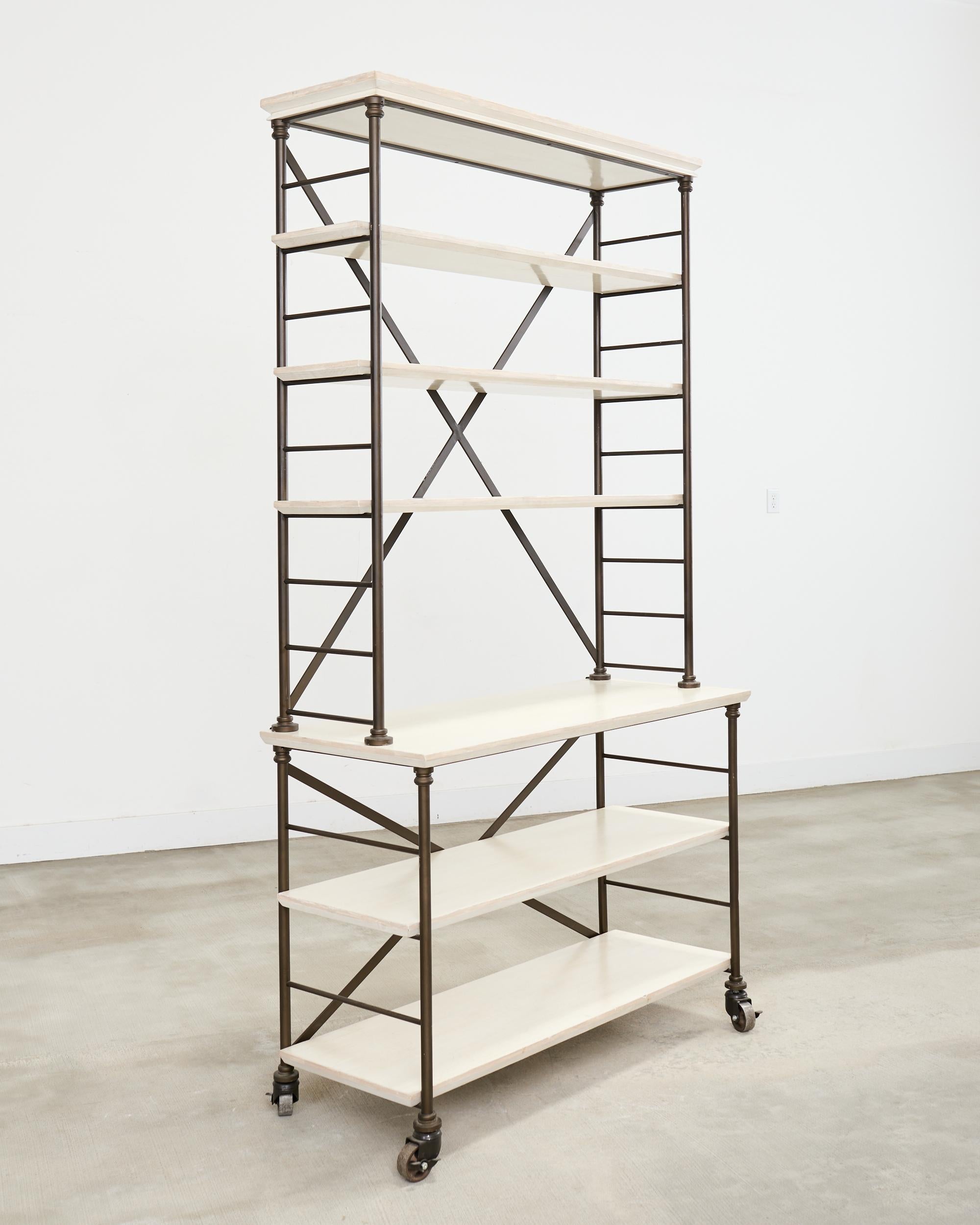 American Industrial Style Bronzed Iron Rolling Bookcase Etagere by Suzanne Kasler For Sale