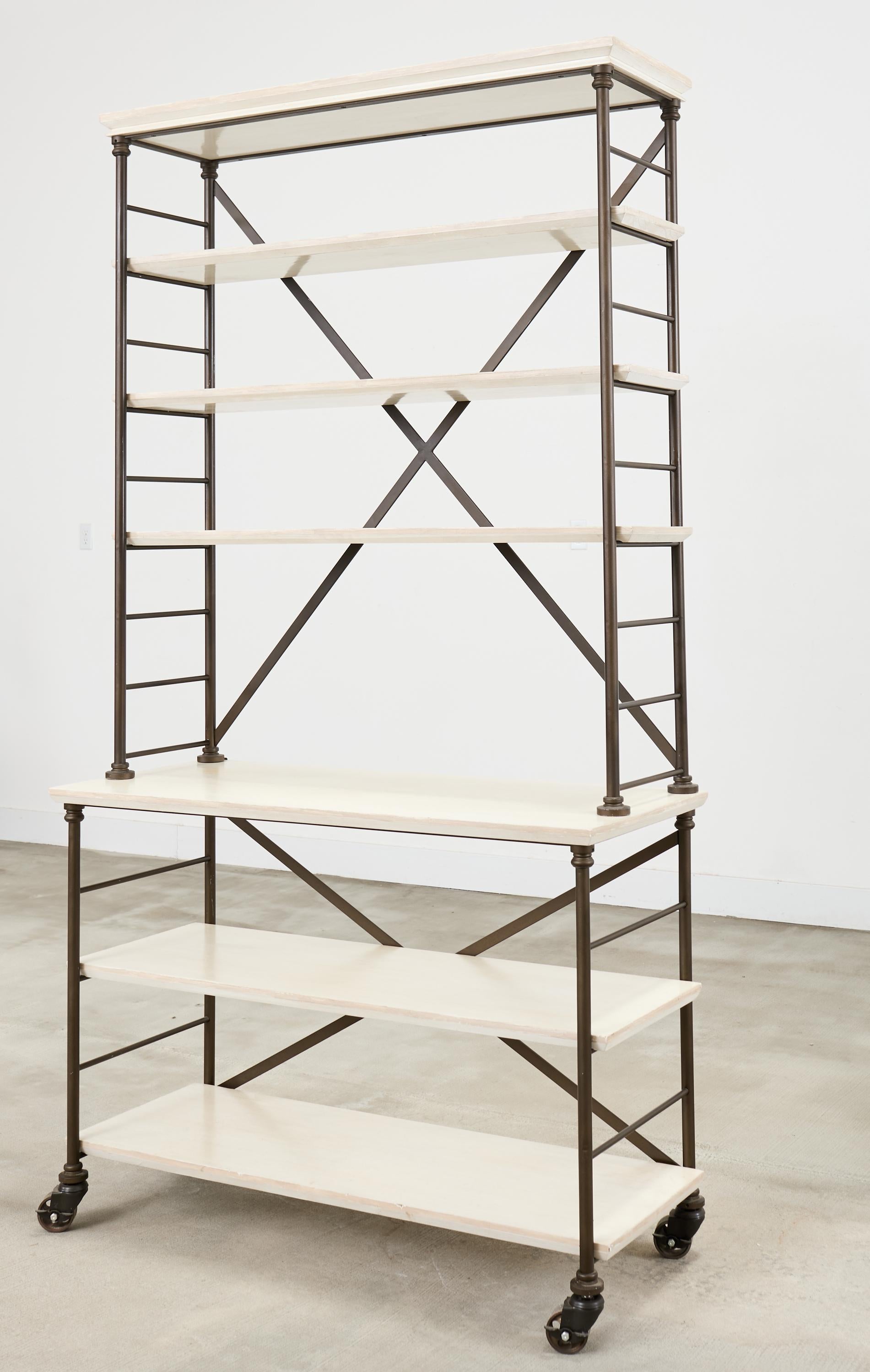Industrial Style Bronzed Iron Rolling Bookcase Etagere by Suzanne Kasler In Good Condition For Sale In Rio Vista, CA