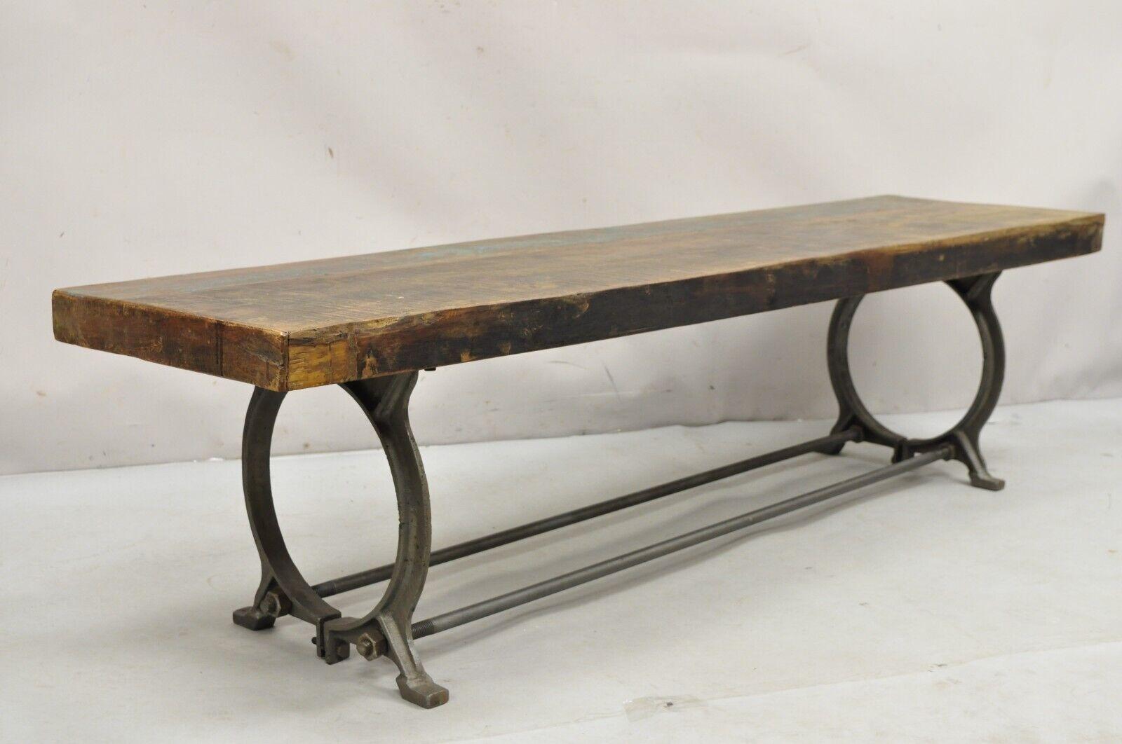Industrial Style Cast Iron and Reclaimed Wood Farmhouse Rustic Long Bench For Sale 7