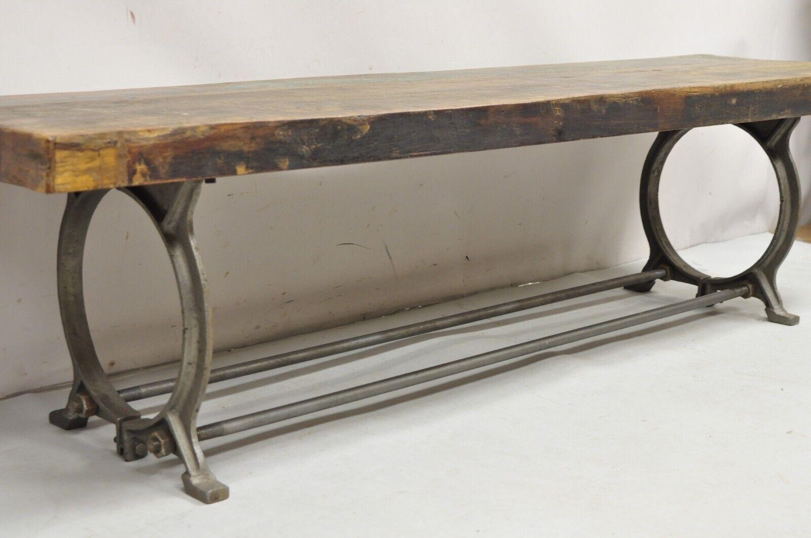 Industrial Style Cast Iron and Reclaimed Wood Farmhouse Rustic Long Bench. Item features is heavy cast iron 