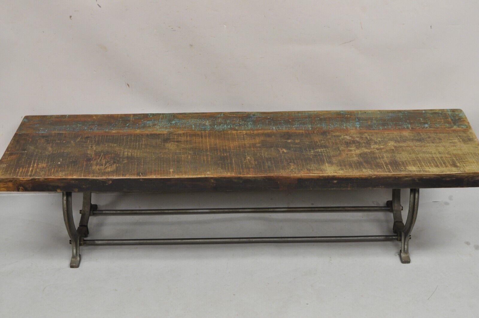 Industrial Style Cast Iron and Reclaimed Wood Farmhouse Rustic Long Bench In Good Condition For Sale In Philadelphia, PA