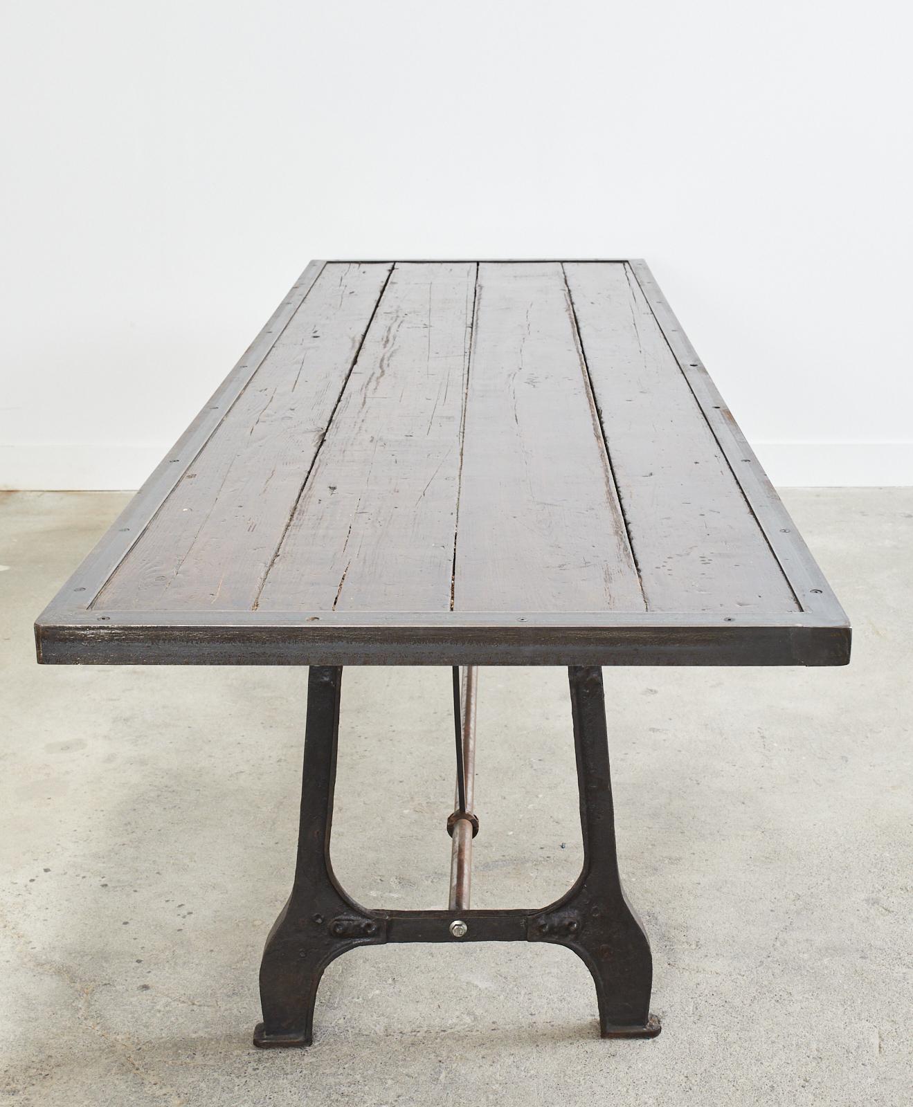Industrial Style Cast Iron Plank Top Trestle Dining Table  5