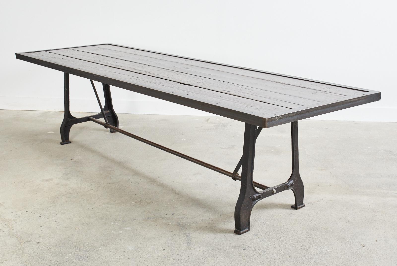 Industrial Style Cast Iron Plank Top Trestle Dining Table  9