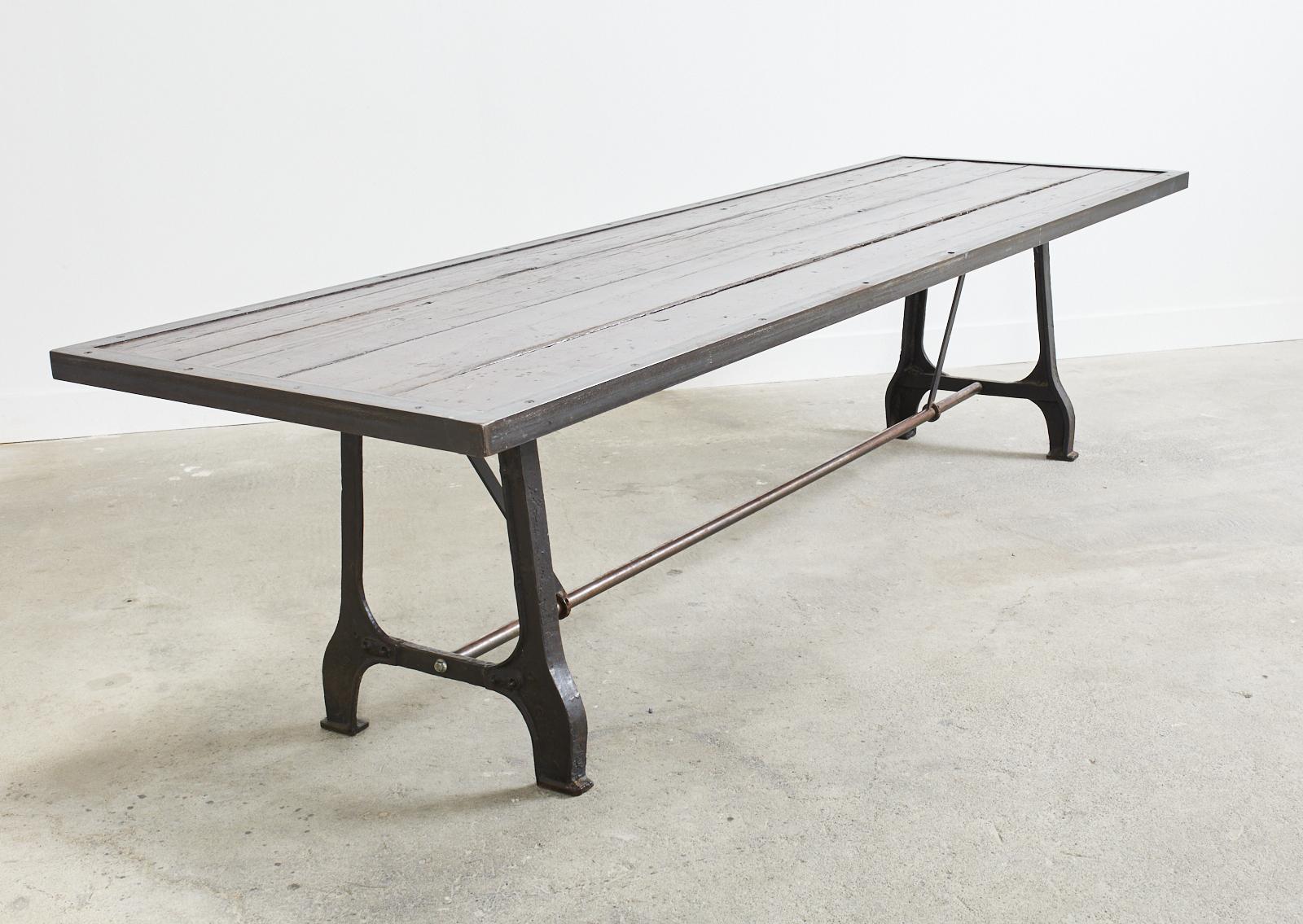 Industrial Style Cast Iron Plank Top Trestle Dining Table  11