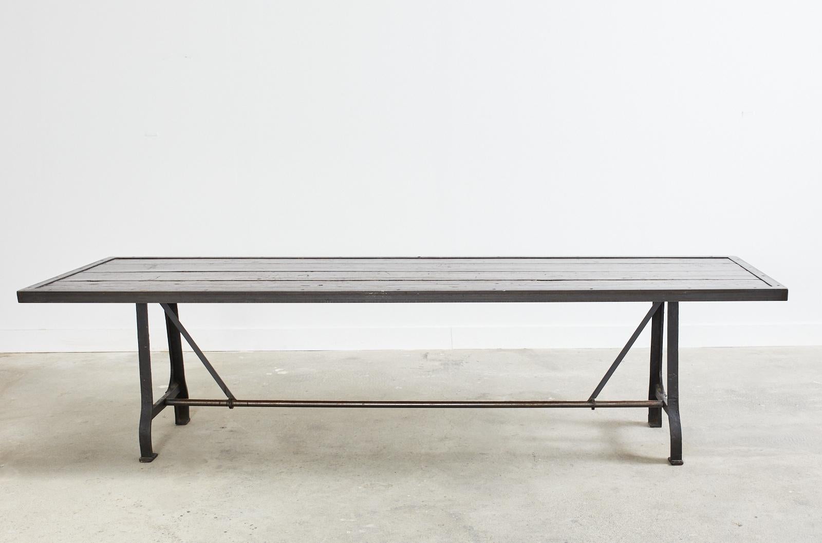 Industrial Style Cast Iron Plank Top Trestle Dining Table  13