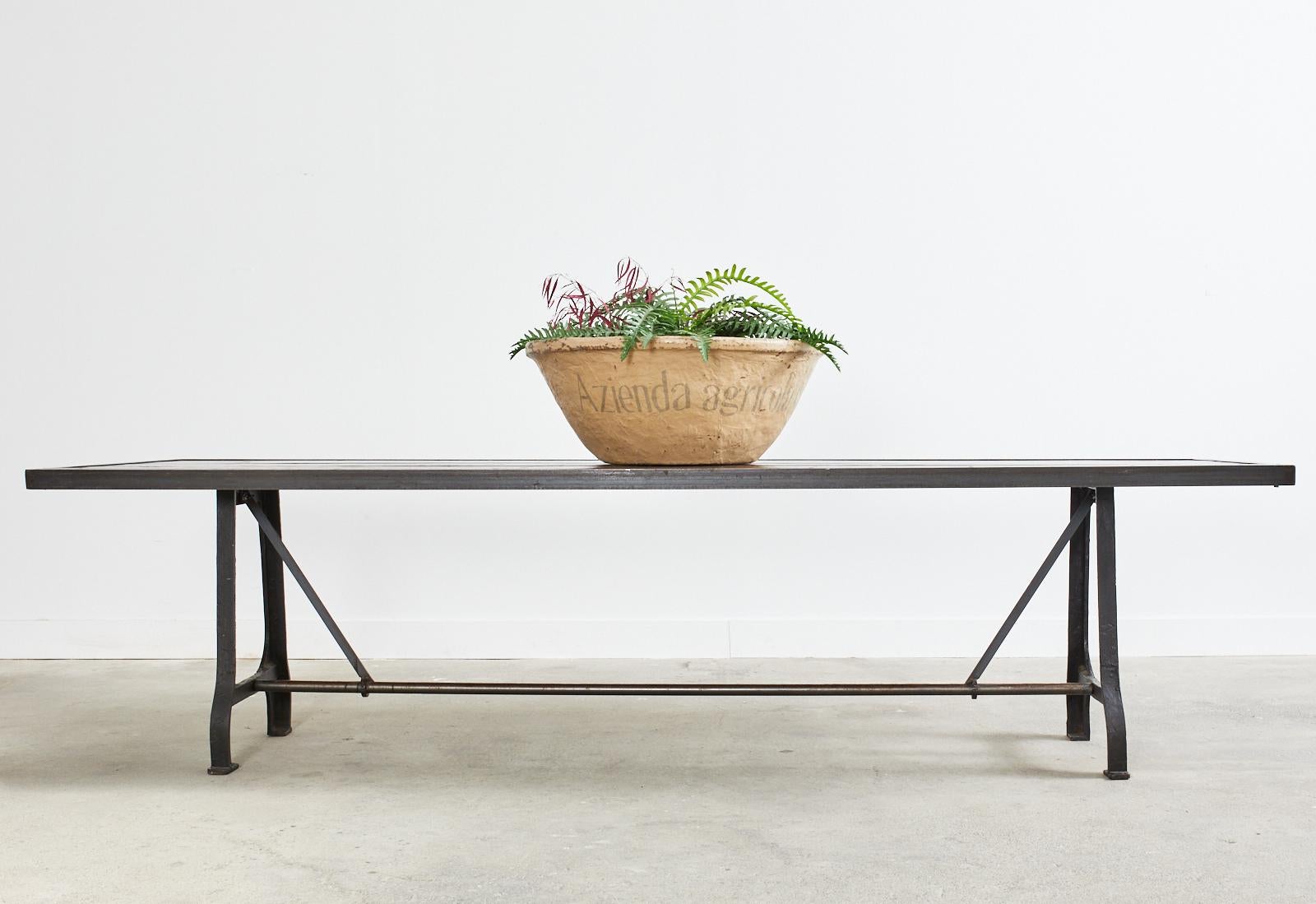 American Industrial Style Cast Iron Plank Top Trestle Dining Table 