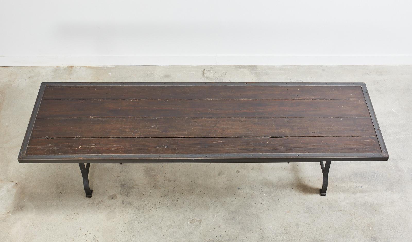 Hand-Crafted Industrial Style Cast Iron Plank Top Trestle Dining Table 