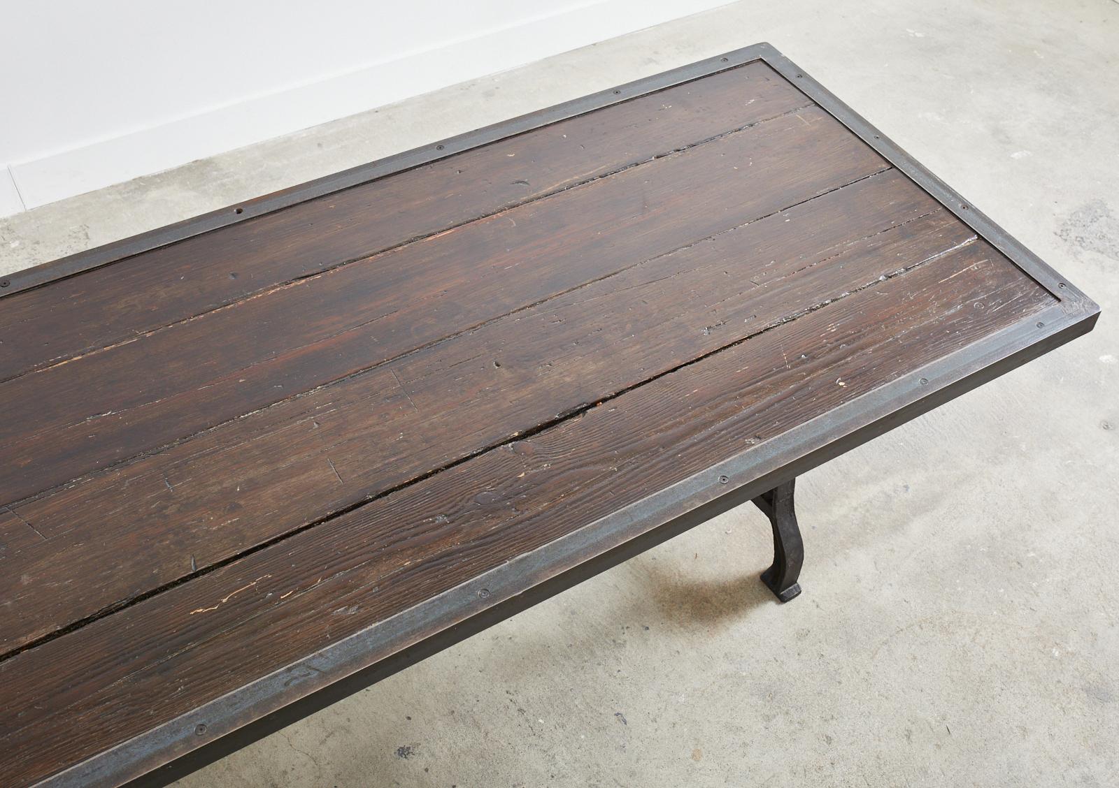 Contemporary Industrial Style Cast Iron Plank Top Trestle Dining Table 