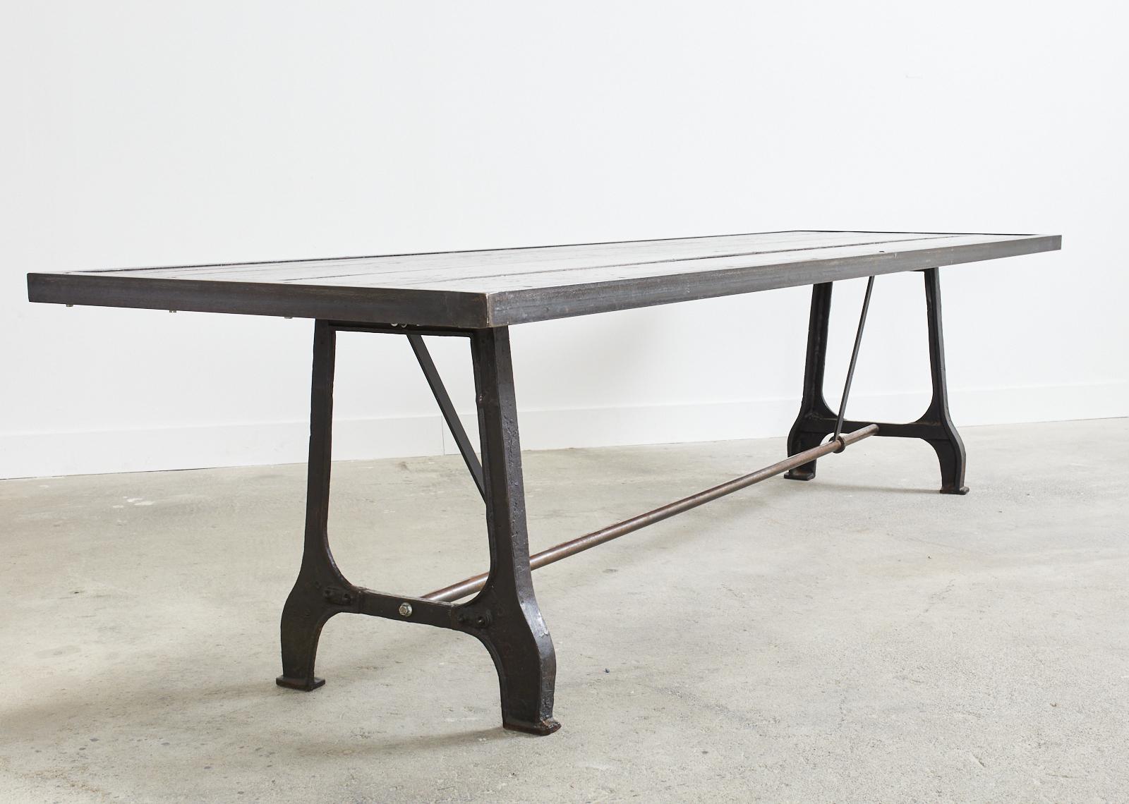 Industrial Style Cast Iron Plank Top Trestle Dining Table  1