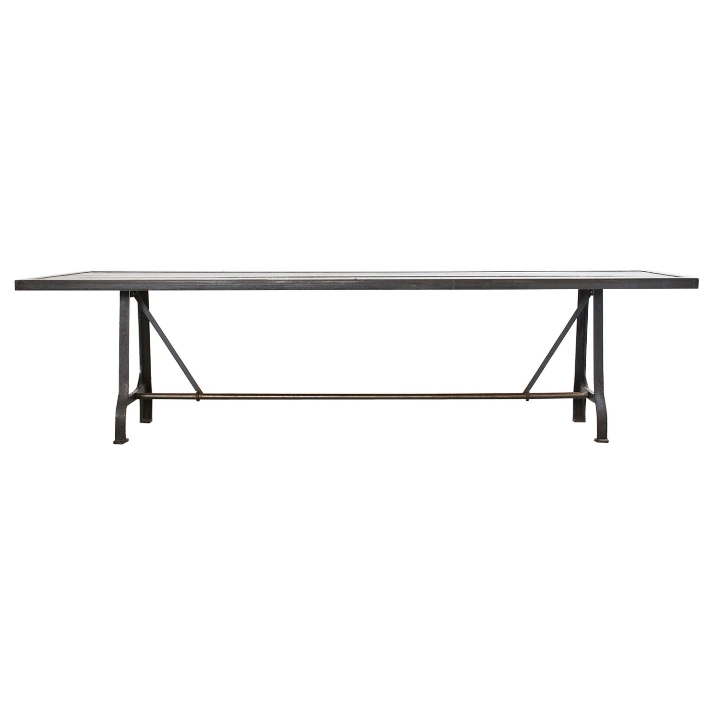 Industrial Style Cast Iron Plank Top Trestle Dining Table