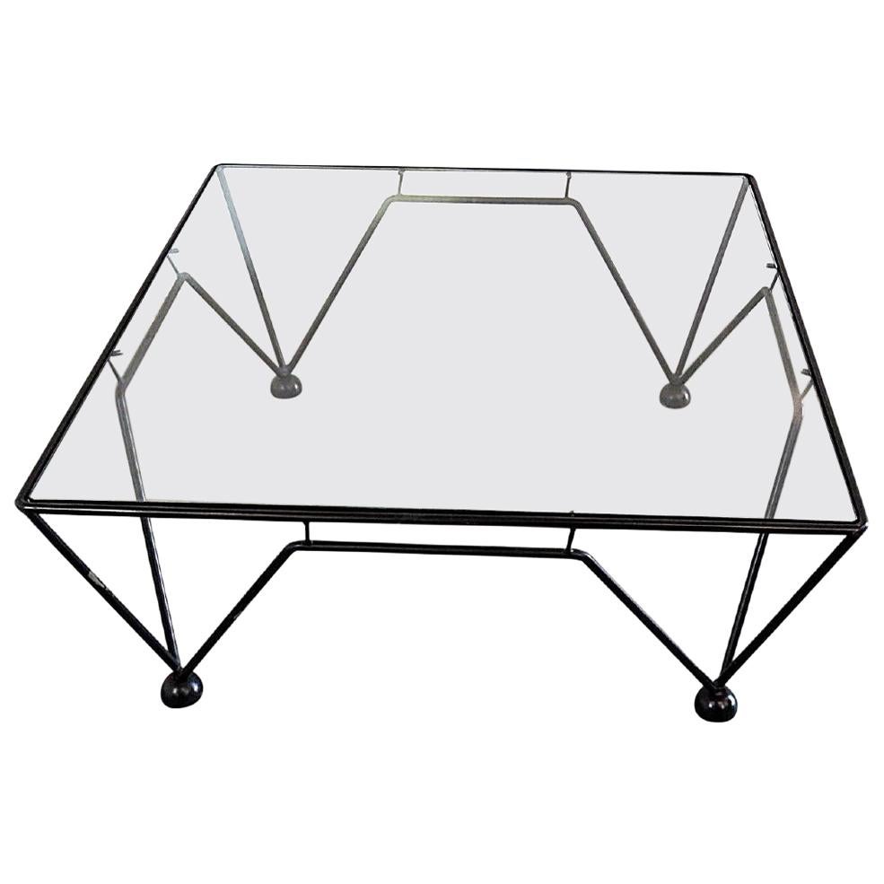Industrial Style Cocktail Table with Glass Top After Italian Paolo Piva