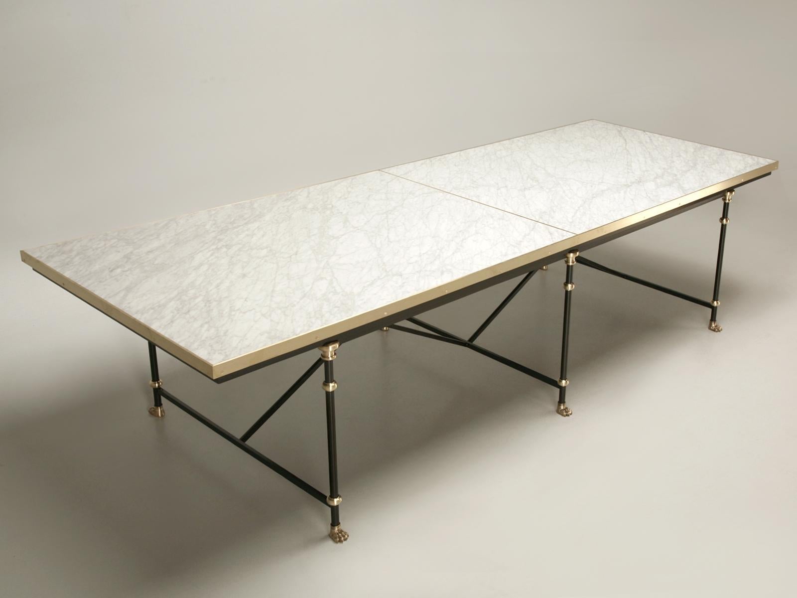 Another Old Plank exclusive offering is our French Industrial Style Dining Table. The Industrial or some may even call it Modern Dining Table Base is constructed of cold roll steel with Solid brass and Bronze fittings. Marble top is honed and edged