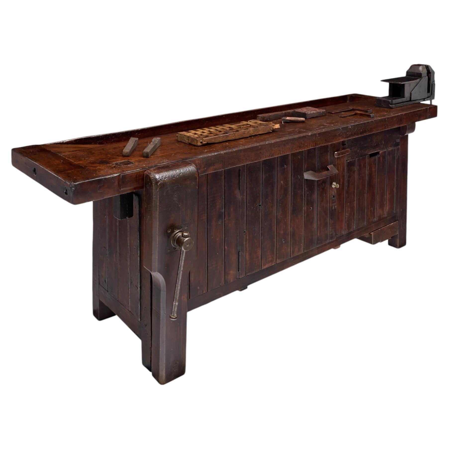 Industrial French Workbench, Solid Oak, Original Tools, Antique, 1900s