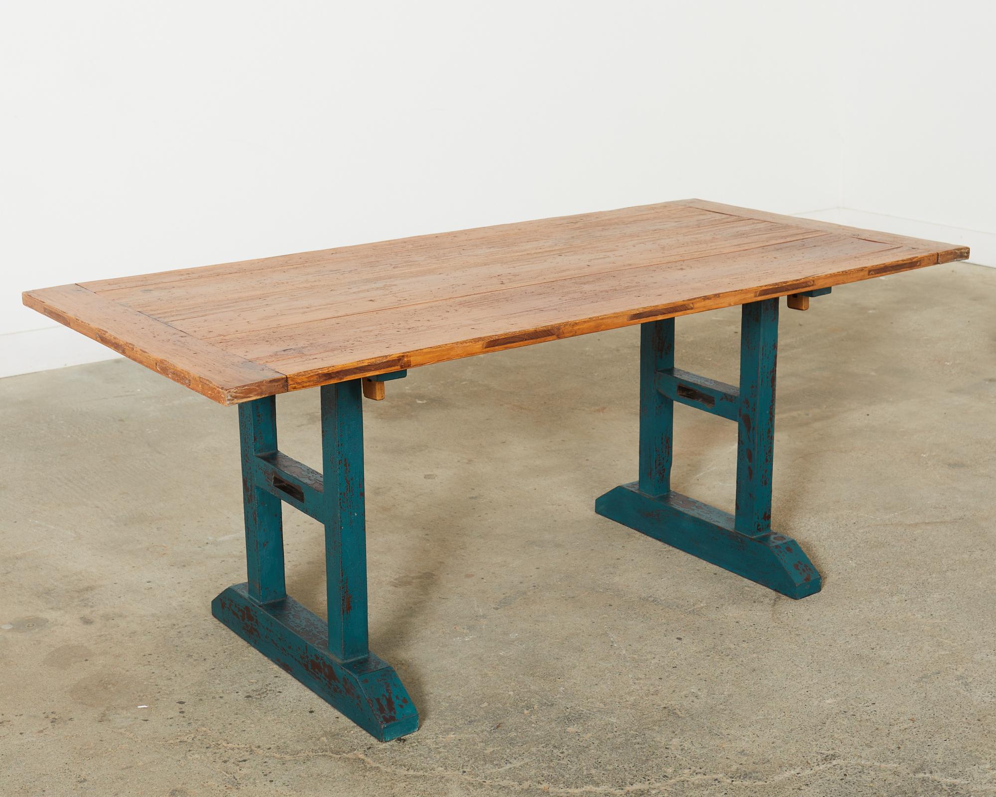 Hand-Crafted Industrial Style Fruitwood Dining Table with Faux Iron Legs For Sale