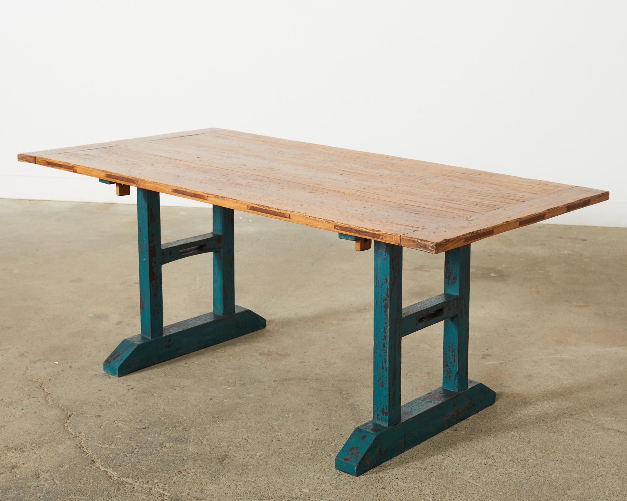20th Century Industrial Style Fruitwood Dining Table with Faux Iron Legs For Sale