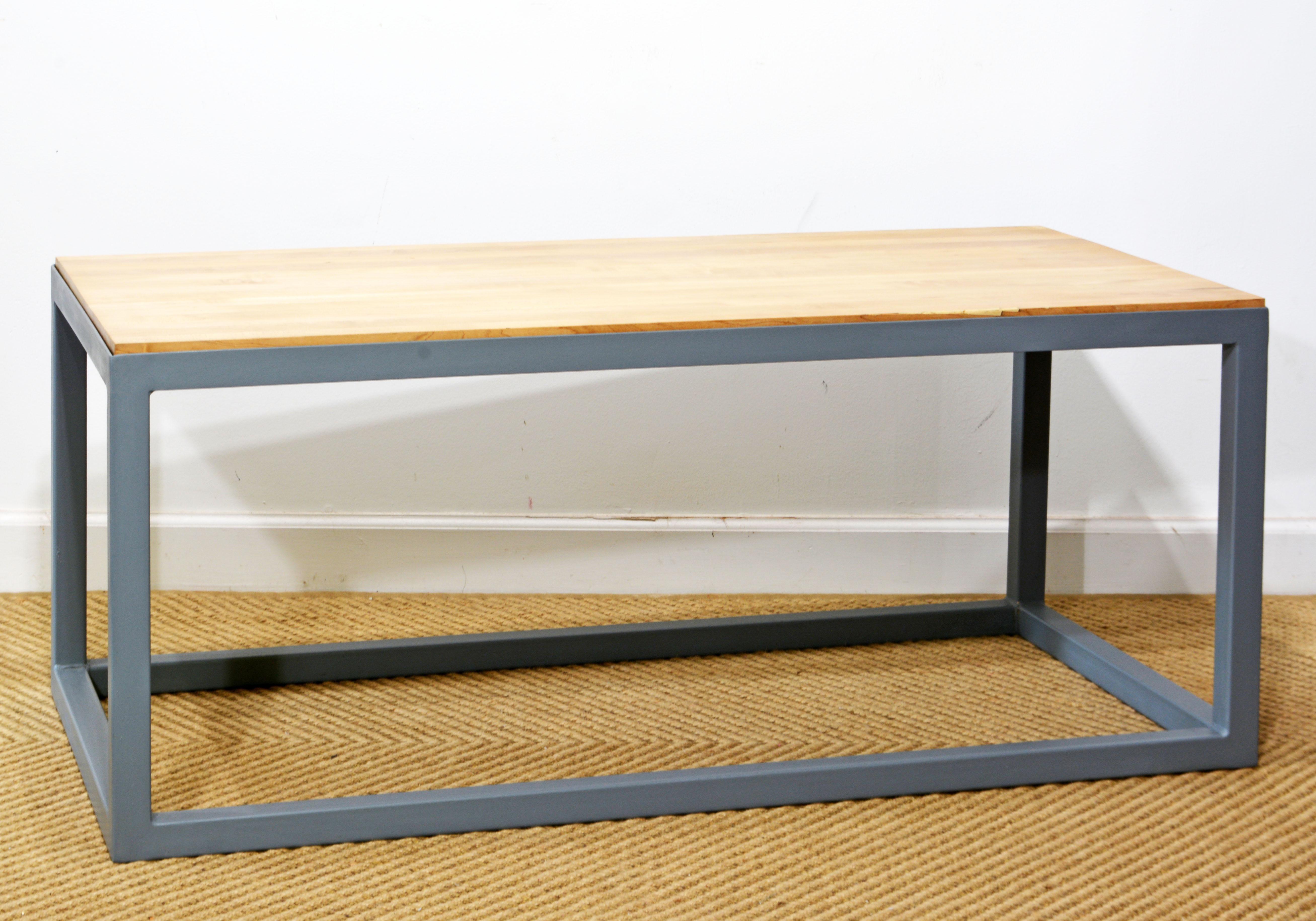 Loft Style Mid Century Gray Painted Steel and Natural Solid Wood Coffee Table For Sale 3