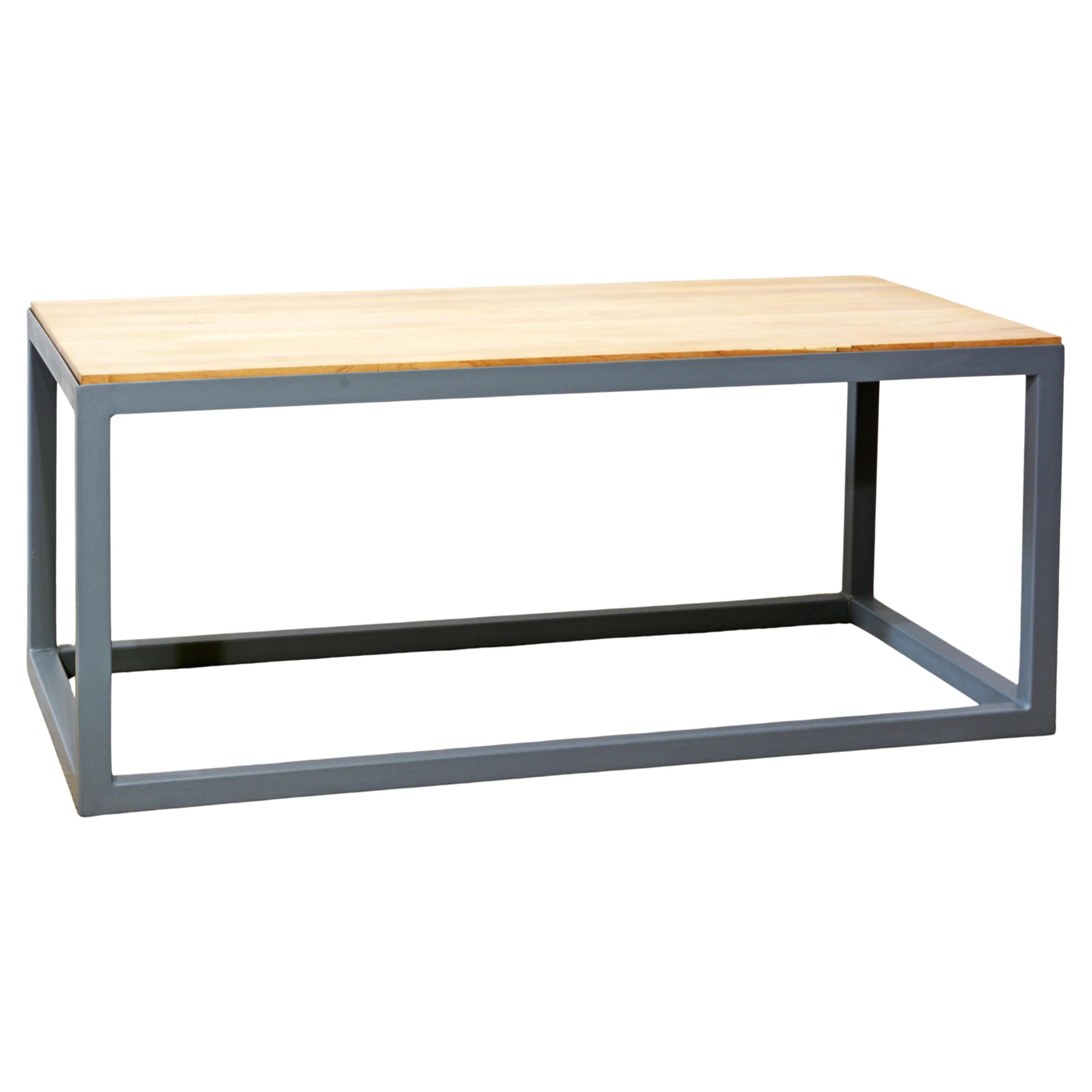 Loft Style Mid Century Gray Painted Steel and Natural Solid Wood Coffee Table For Sale
