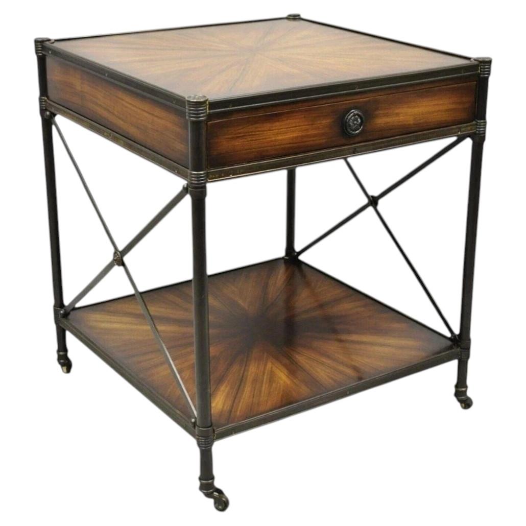Industrial Style Iron and Wood X-Frame One Drawer Square Modern Side End Table