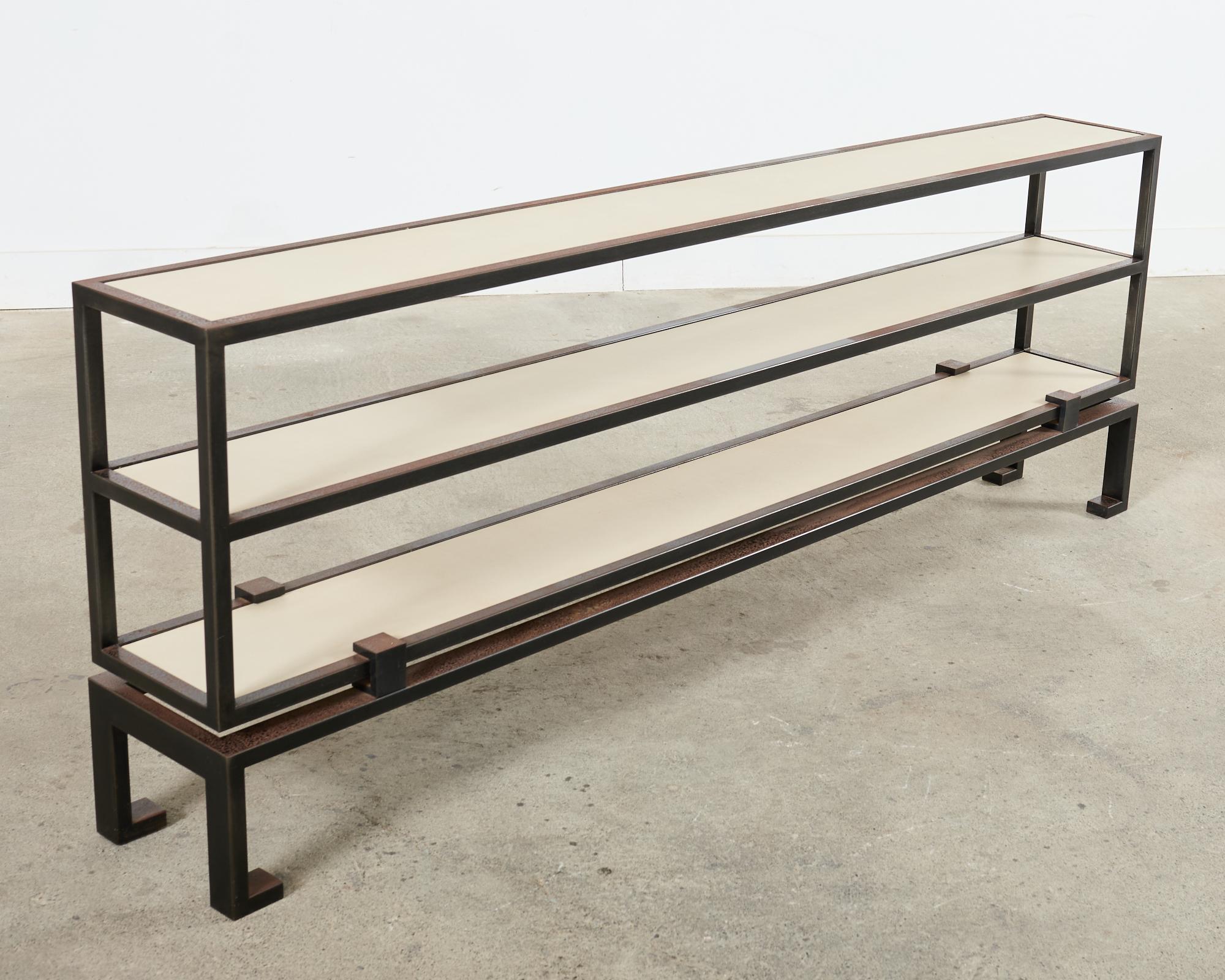 American Industrial Style Iron Faux Parchment Leather Console Table For Sale