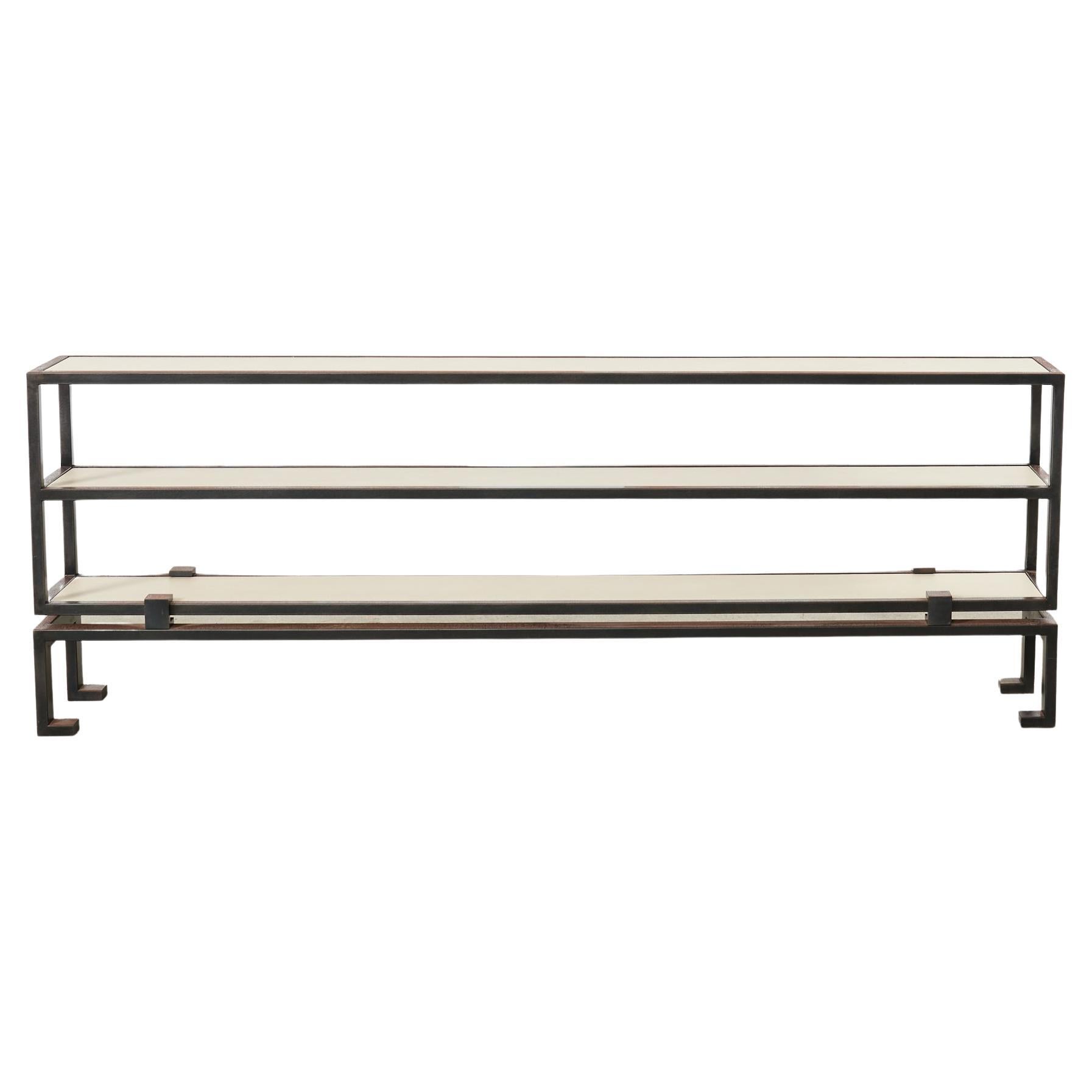 Industrial Style Iron Faux Parchment Leather Console Table For Sale