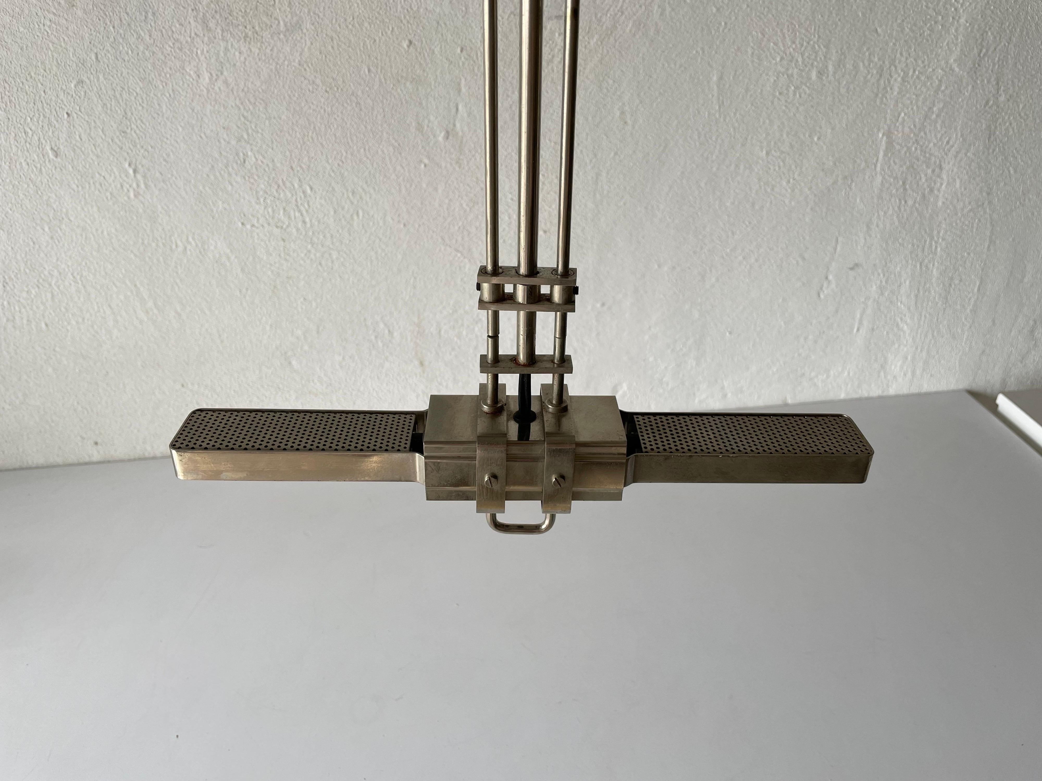 Industrial style double socket linear suspension lamp by Relco Milano, 1980s Italy

Lampshade is in very good vintage condition.

This lamp works with 2x halogen light bulbs. 
Wired and suitable to use with 220V and 110V for all