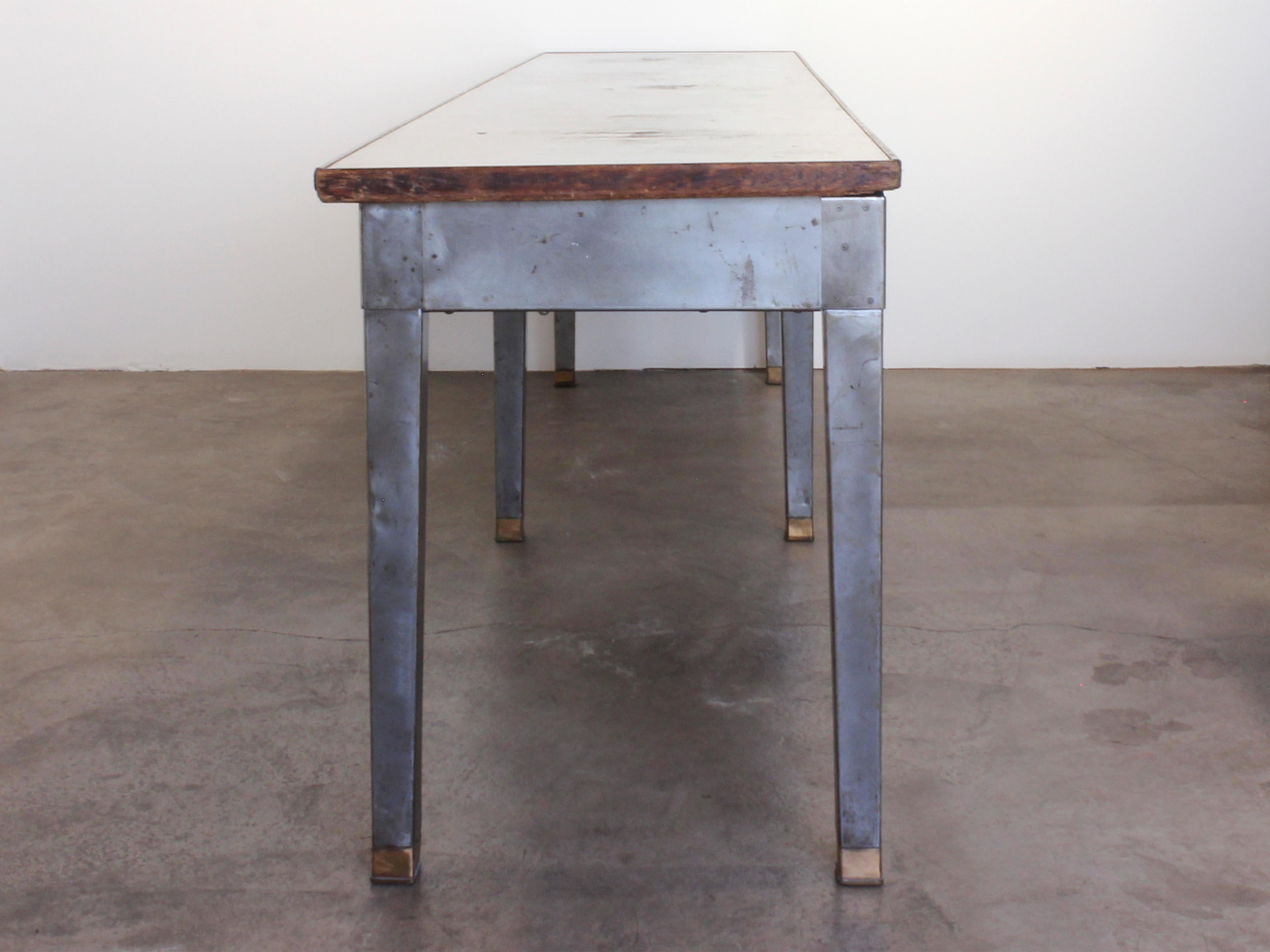 Industrial Style Long Steel Console Table with Brass and Wood Details In Fair Condition In Chicago, IL