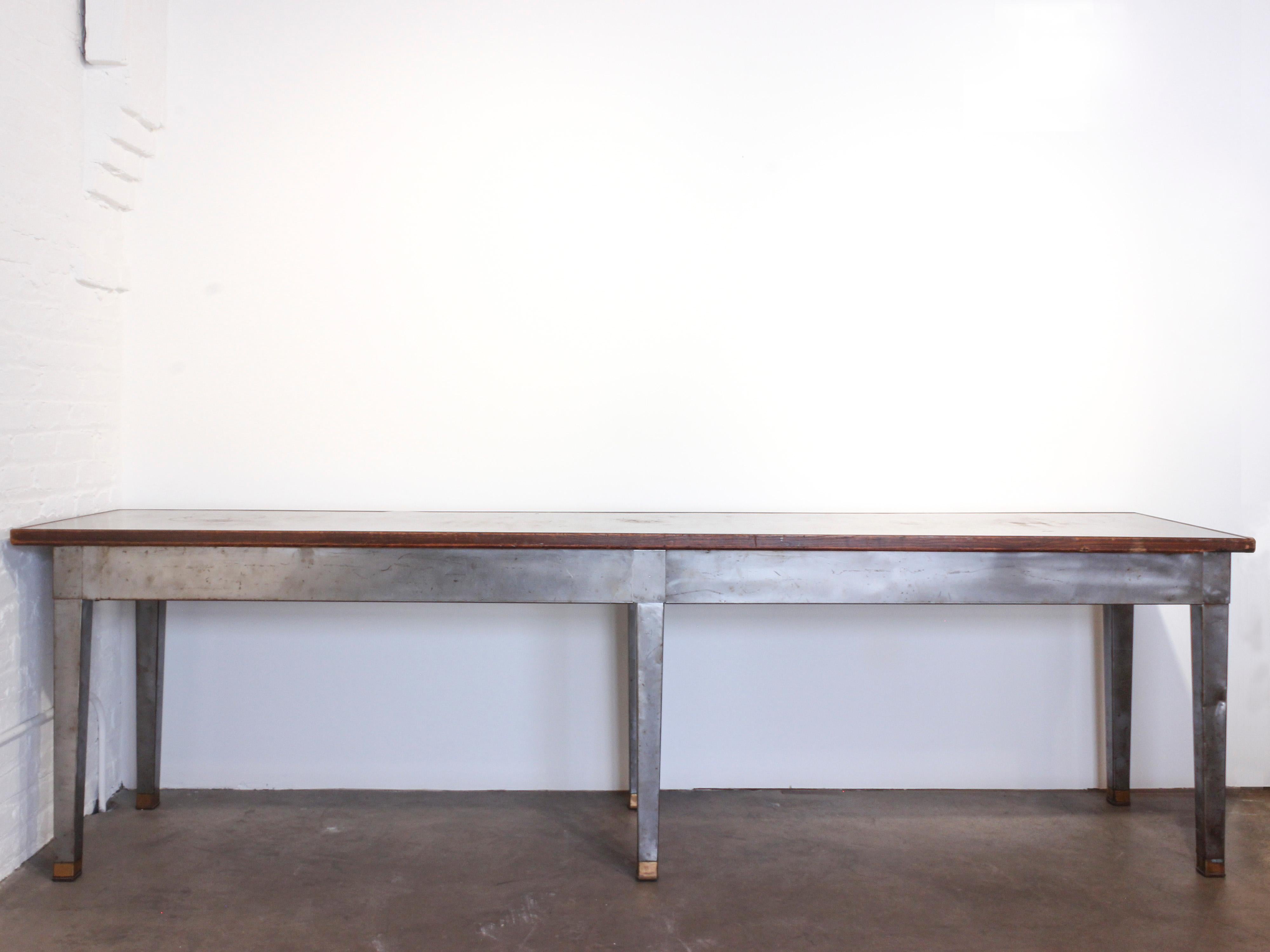 18th Century and Earlier Industrial Style Long Steel Console Table with Brass and Wood Details