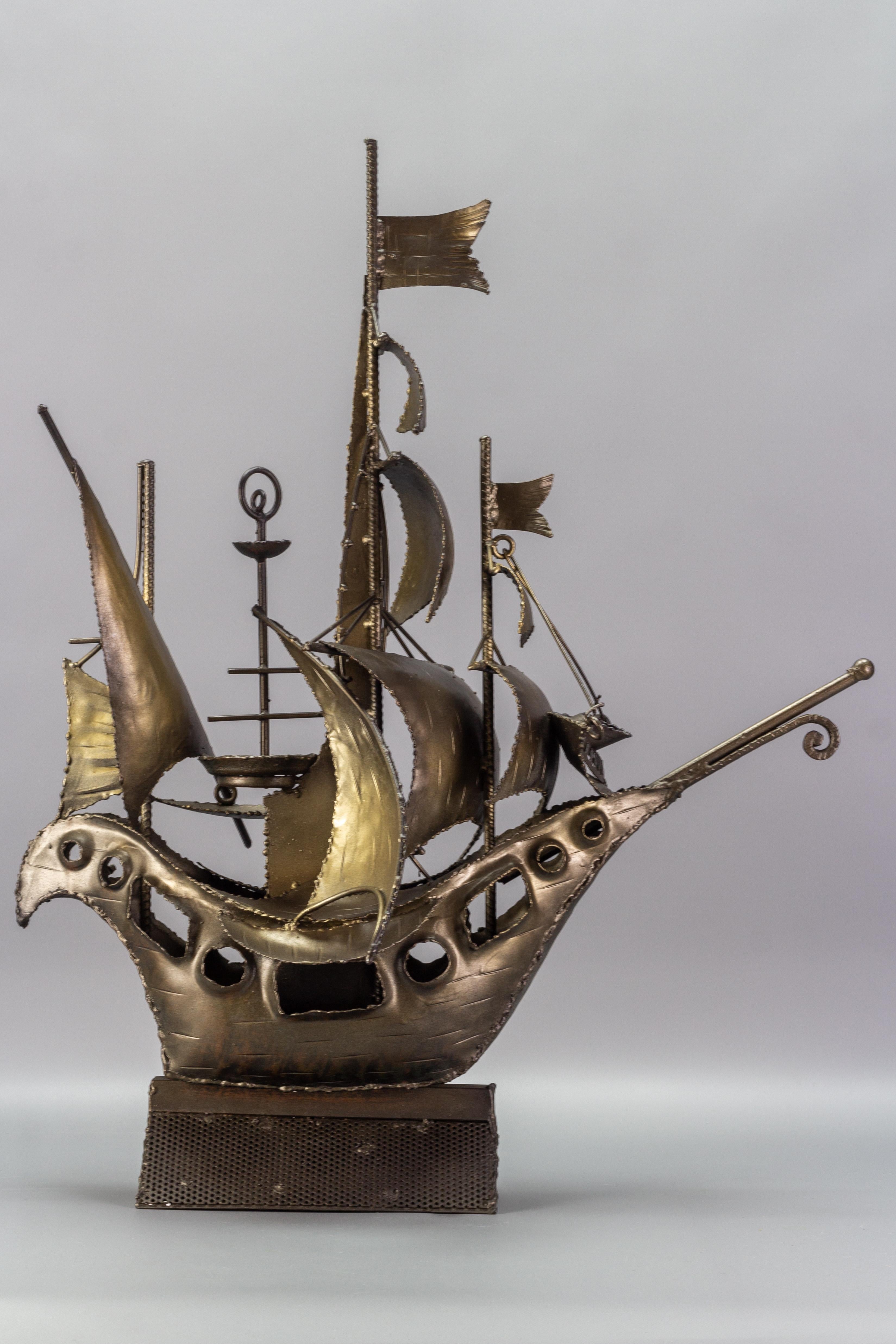 Hand-Crafted Industrial Style Metal Art Sailing Ship Sculpture For Sale