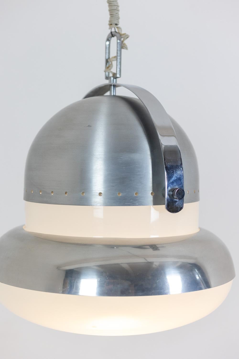 Metal Industrial style pendant light in brushed and opaline metal. 1970s. For Sale