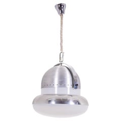 Retro Industrial style pendant light in brushed and opaline metal. 1970s.