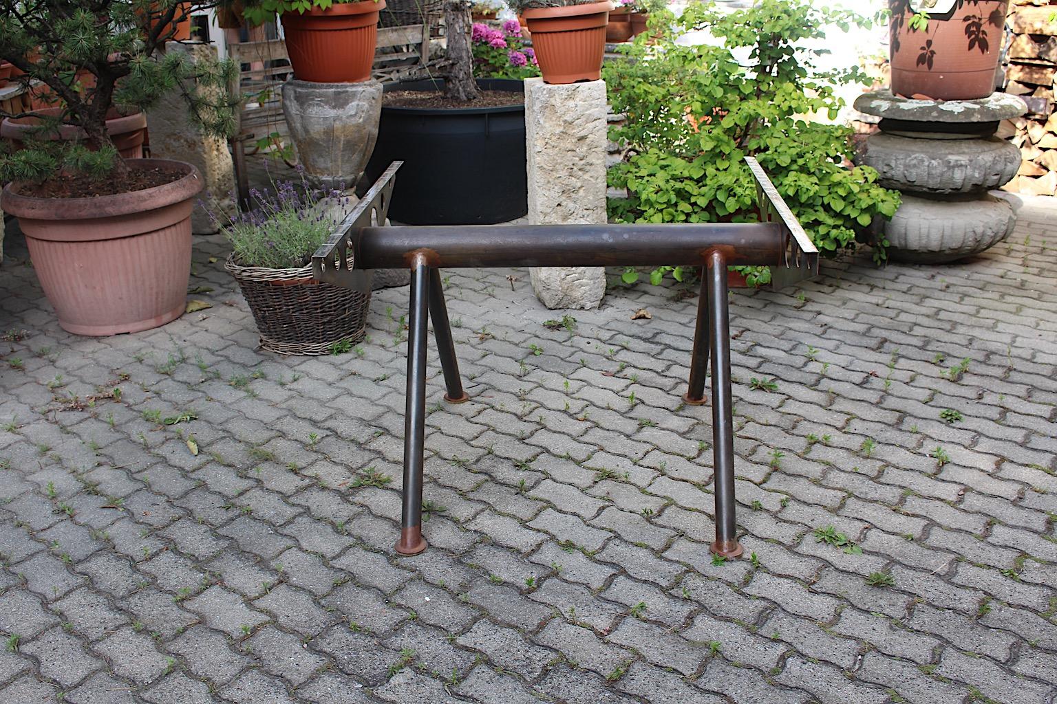 European Industrial Style Raw Metal Vintage Center Table Base Jean Prouve Style, 1980s For Sale