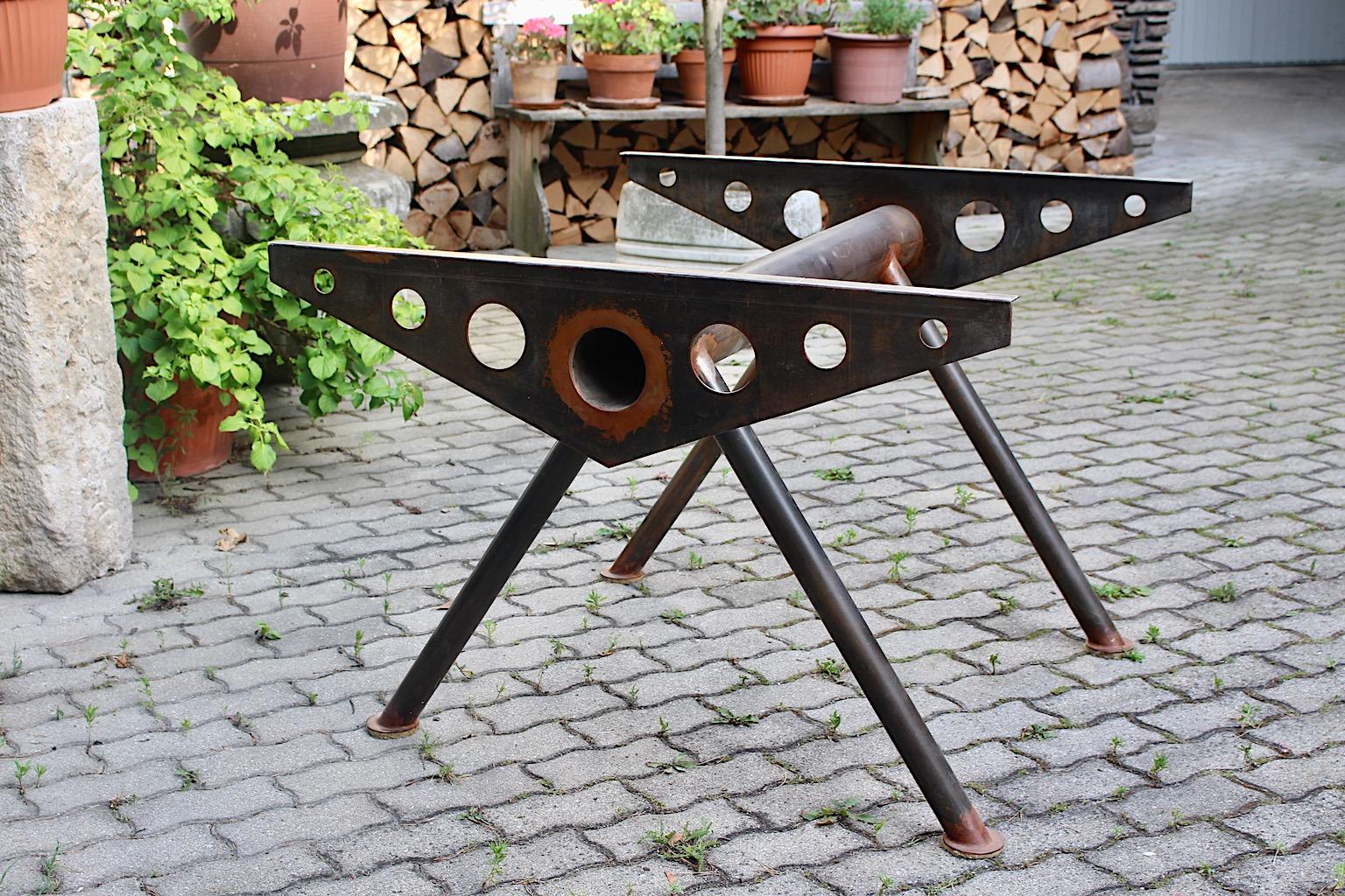 Industrial Style Raw Metal Vintage Center Table Base Jean Prouve Style, 1980s In Good Condition For Sale In Vienna, AT