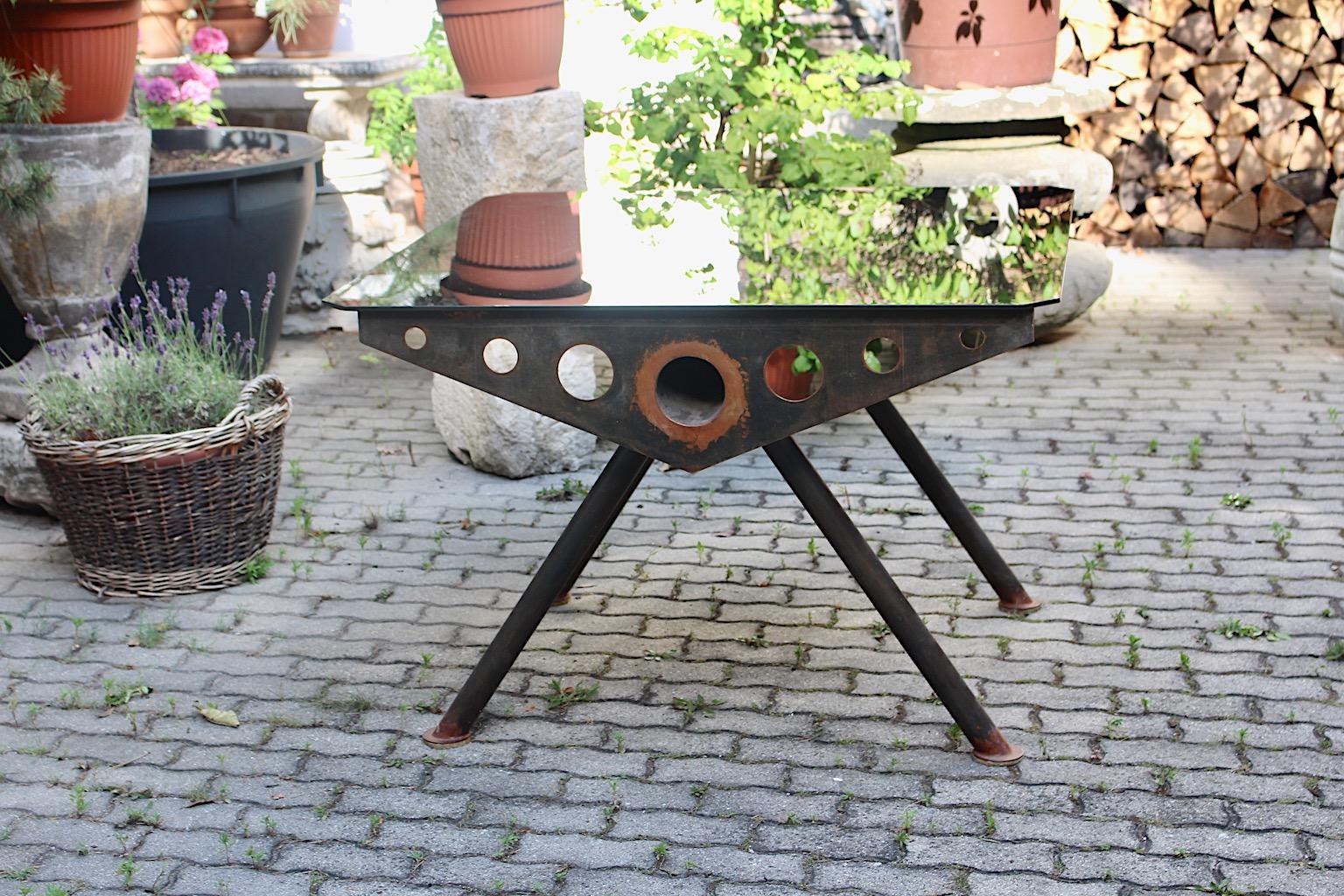 Industrial Style Raw Metal Vintage Center Table Base Jean Prouve Style, 1980s For Sale 1