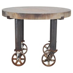 Industrial Style Round Machined Iron Center Table on Casters